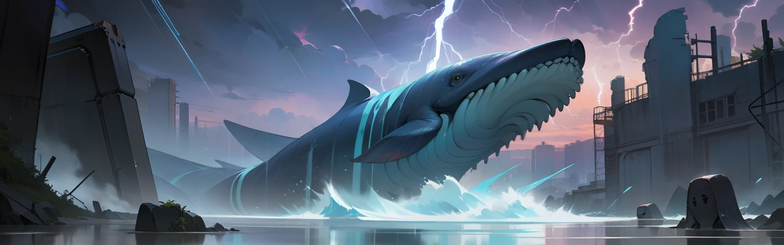 masterpaintings,Epic picture,game concept,Death Stranding style,Fist concept illustration,Blizzard concept illustration,(blue whale),Whole human body,Leap action,tsunami,heavy rainfall,lightning flashes:0.5,artation,Miyazaki,2D art,rainwater:1.5,tsunami,The close-up view is of ruins,(Elevation viewing angle),Big perspective,Epic composition,Purple clouds,The vista is ruins,The endless sea,Choppy waves,Oil-colored seawater