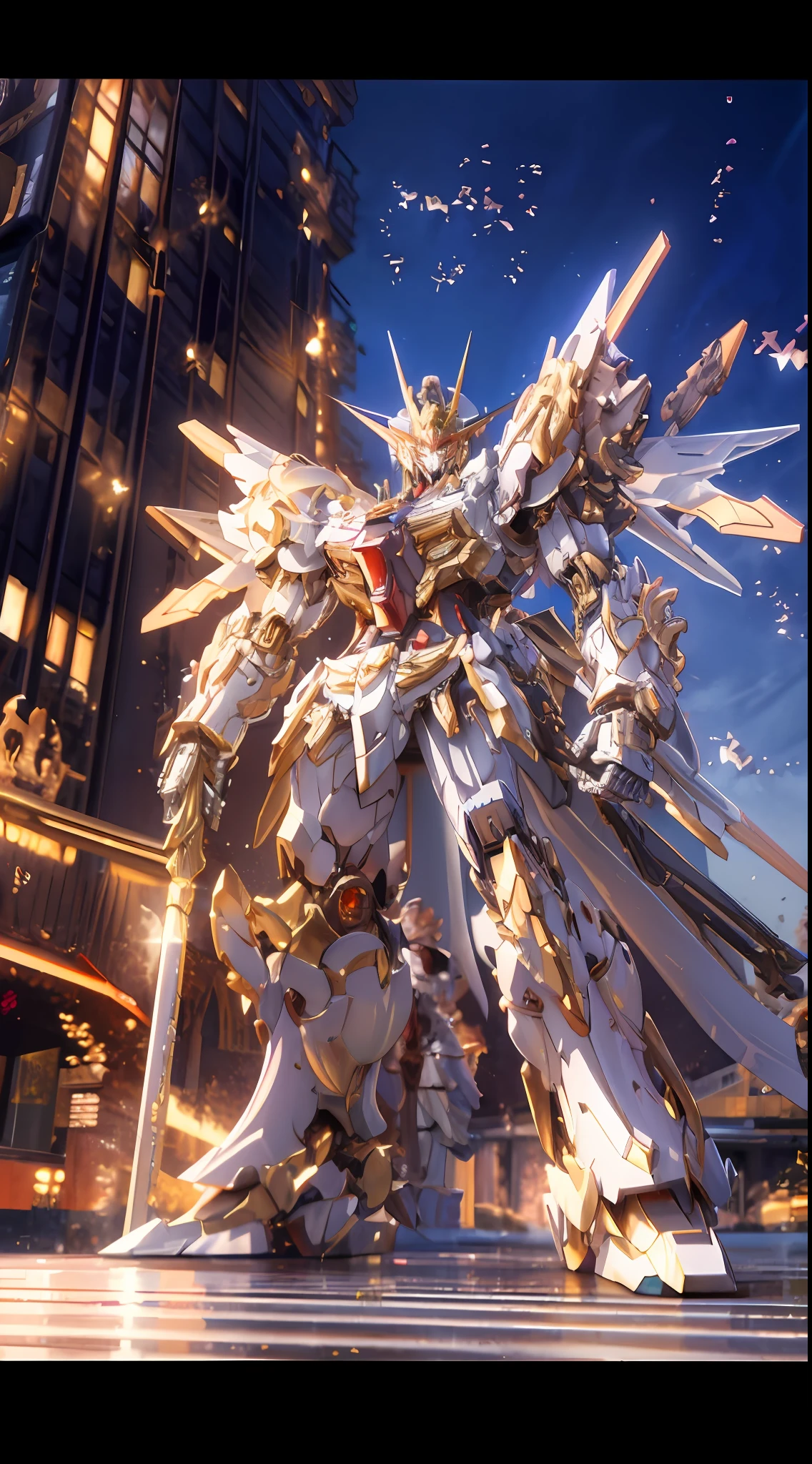 Golden Mech Gundam，Stand on the street，The background is a city, gold paladin, unreal engine render saint seiya, alexandre ferra white mecha, intricate ornate anime cgi style, high detailed official artwork, 4k highly detailed digital art, anime mecha aesthetic, inspired by Krenz Cushart, detailed key anime art, highly detailed anime
