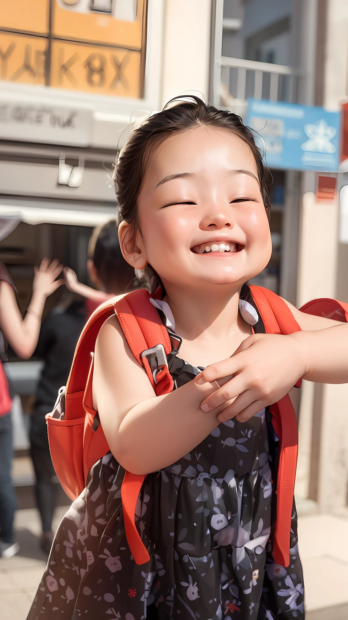 smiling baby with a backpack on her back, and she smiling，Very excited, 2 years old, smiling playfully, With a happy expression, and she smiling，Very happy,Happy kids, waving and smiling, happily smiling at the camera, a still of a happy, Cheerful expression