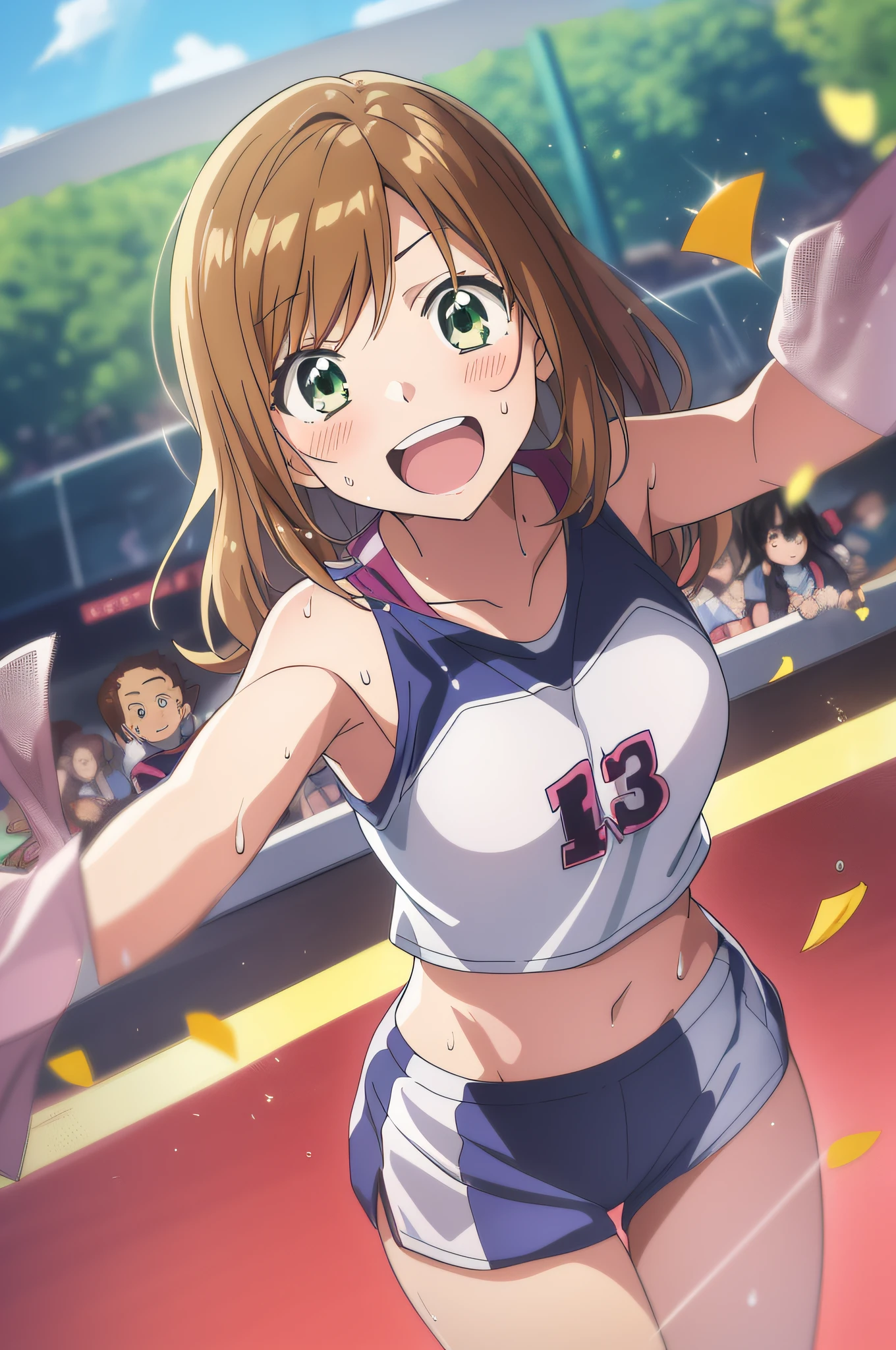 (beste-Quality,アニメ,Anime Art Style:1.2), Young girl, ars, the sweat、cheer girl,Intense angle、Speedy movement,looking away,Looks fun、a smile