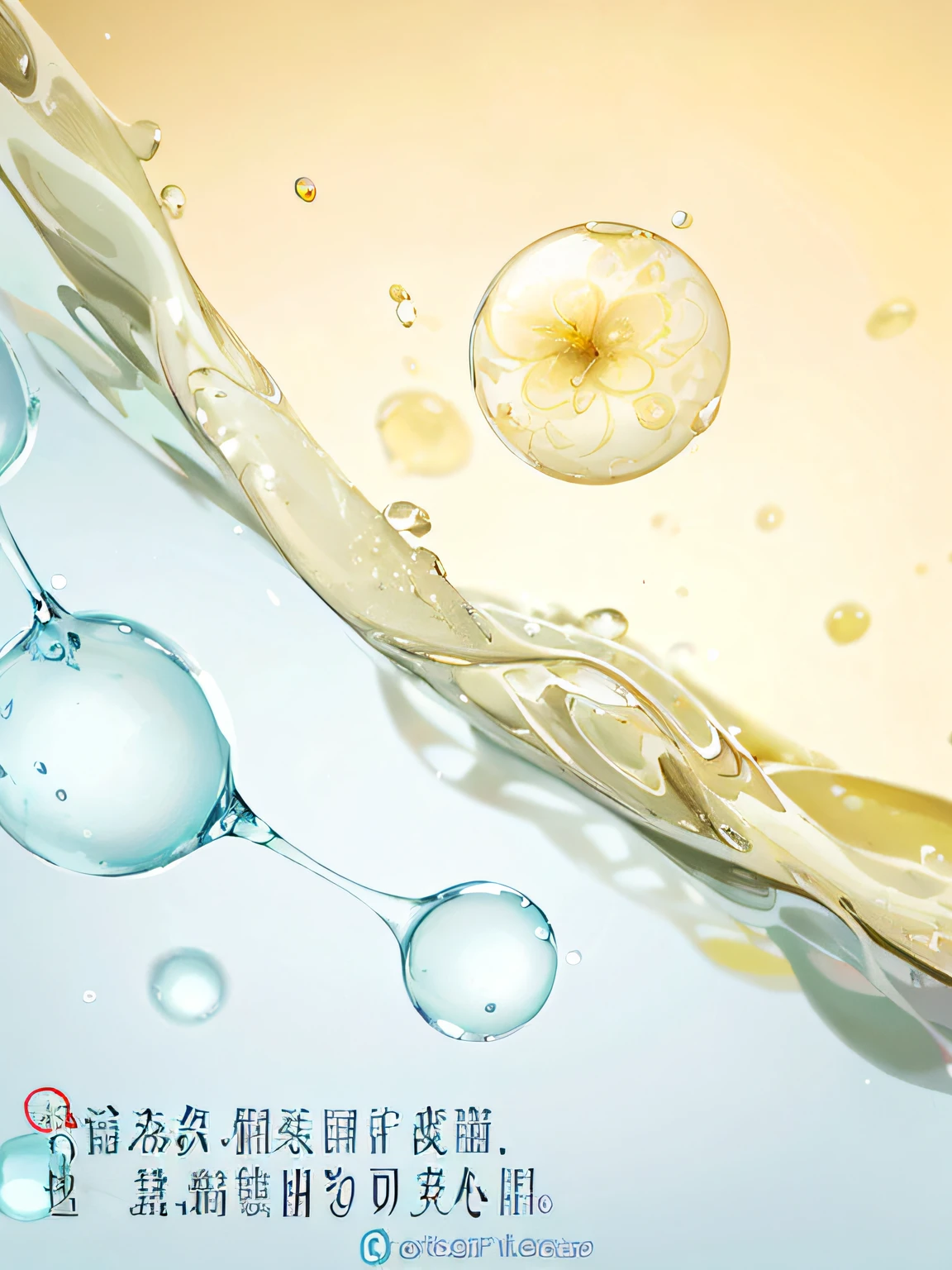 There is a poster，There are pictures of droplets and droplets on it, hydrogen. Beautiful, water particle in front, !!natural beauty!!, high detail photography, water bubbles, ultra clear material, Medical photography, floating molecules, water particules, intricate fluid details, 3 d fluid simulation render, liquid simulation background, abstract liquid, liquid simulation