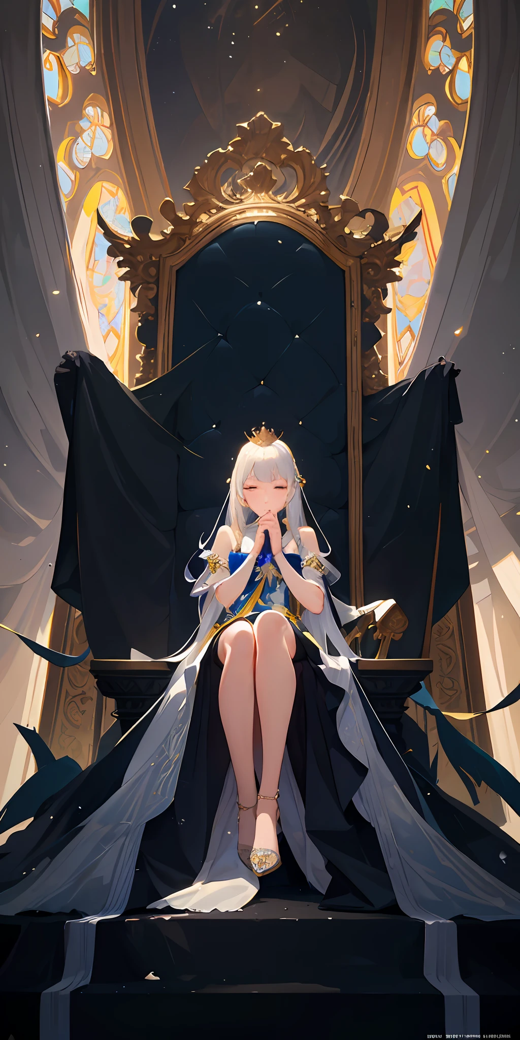 (Masterpiece:1.2), best quality, (illustration:1.2), (ultra-detailed), hyper details, (delicate detailed), (intricate details), (cinematic light, best quality Backlights), clear line, from below, soloist, perfect body, (1girl), white hair and yellow eyes, (emperor, black see-through clothes), (crown: 1.1), sitting on the throne, eyes slightly closed, head down, (shy: 1.2 ), (makeup), high contrast, (best illumination, an extremely create and beautiful), (cinematic light), colorful,