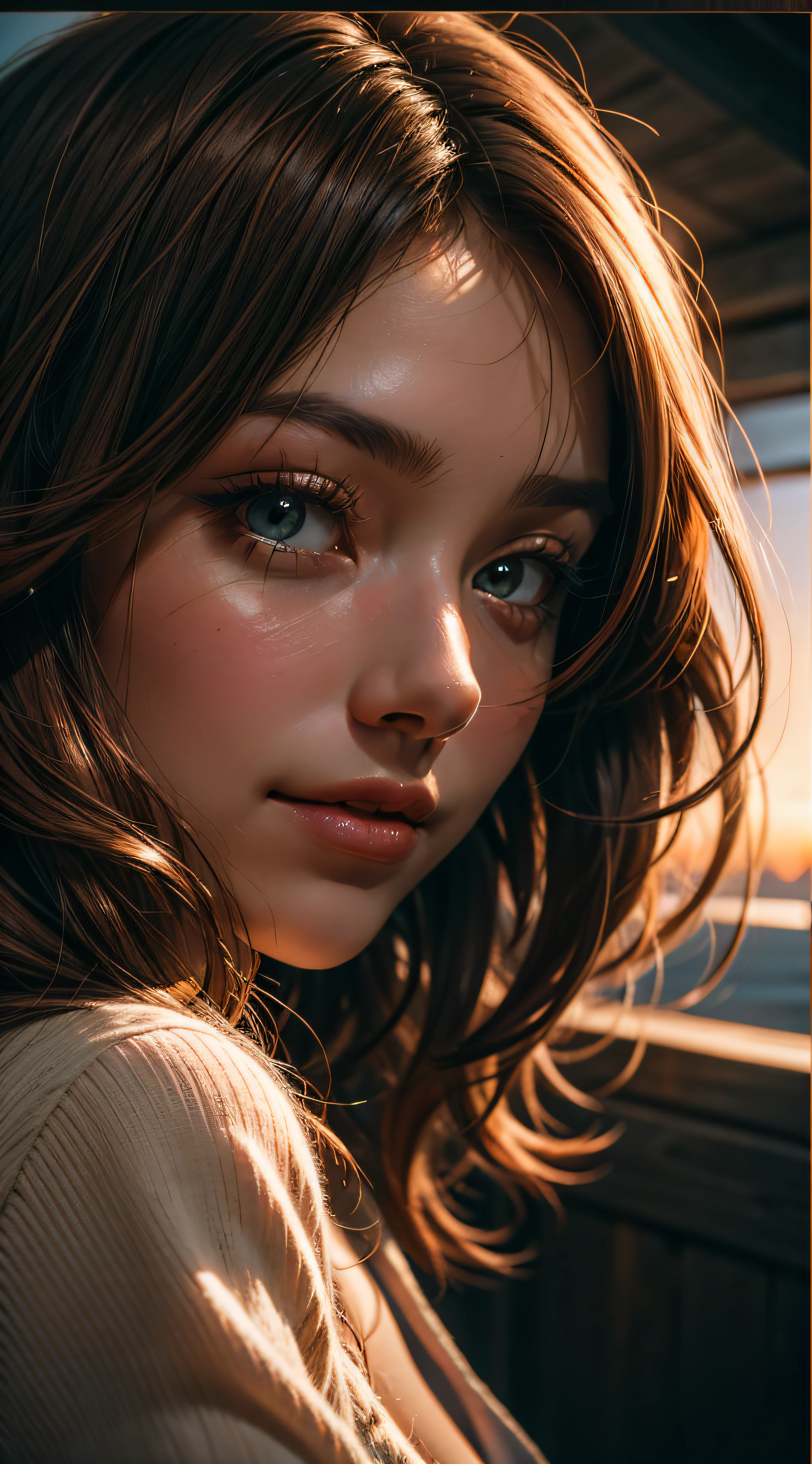A close-up of a woman's face, bathed in warm orange hues, as if lit by the soft glow of a sunset, her eyes sparkling with joy and contentment, framed by wisps of flowing auburn hair, Photography, shot with a 35mm lens