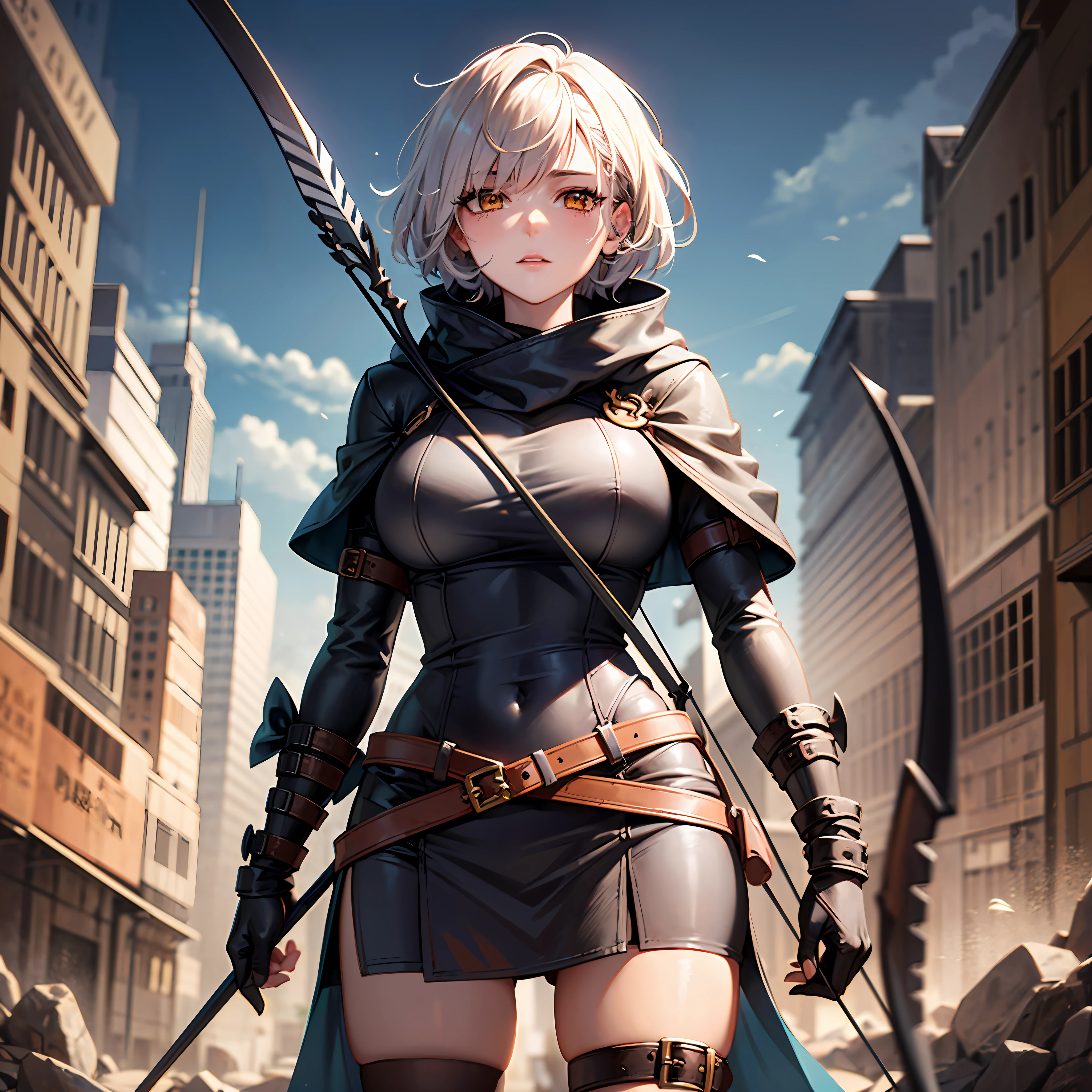 (巨作),(Best quality),(Ultra-detailded),(disheed hair:1.3),(illustration),(1girl huge large breasts),Perfect face,(Best illumination),(best shadow),Determined eyes,looking directly at the viewer,full body detailing,the panorama,Armed with a bow and arrow,Brown cloak,Leather clothes,Adventure attire,iwhite colored hair,short-cut hair,Golden pupils,Golden eyes,crepuscular,solo person,Covered in scars,scars,Battle-hardened,Experienced through vicissitudes,bow and arrows,quiver,Scar,scar。