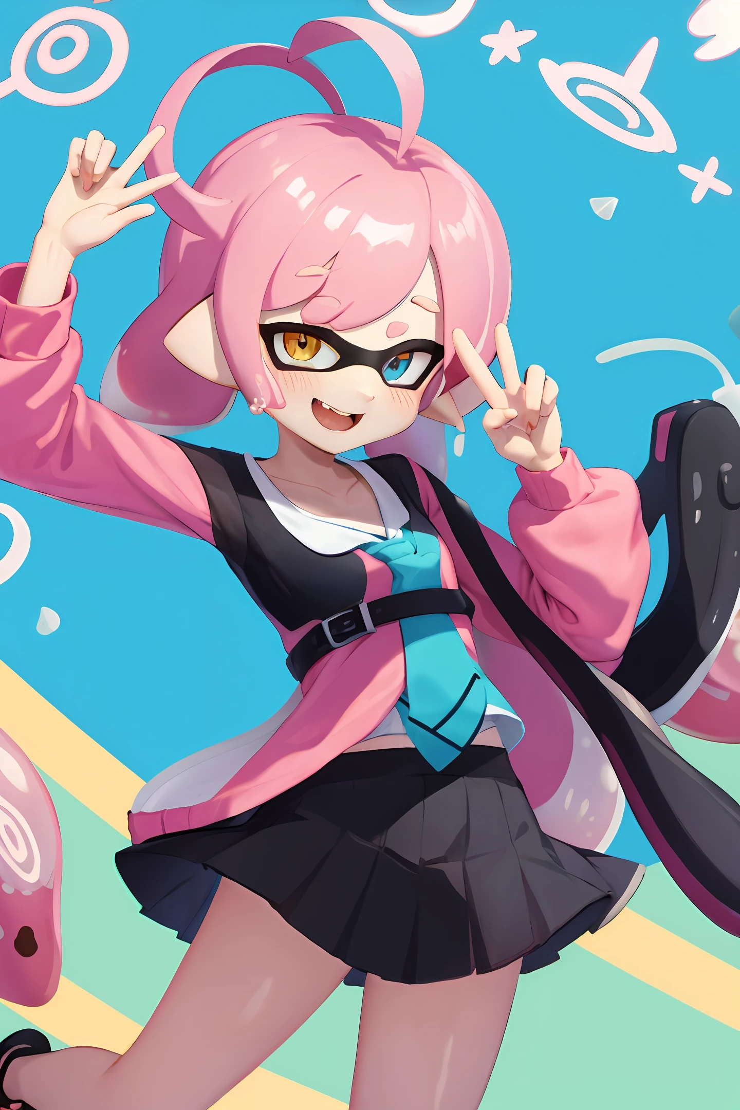 Splatoon, pearls, Inkling, Cute, SFW, peace hand signs, Beach background, happy