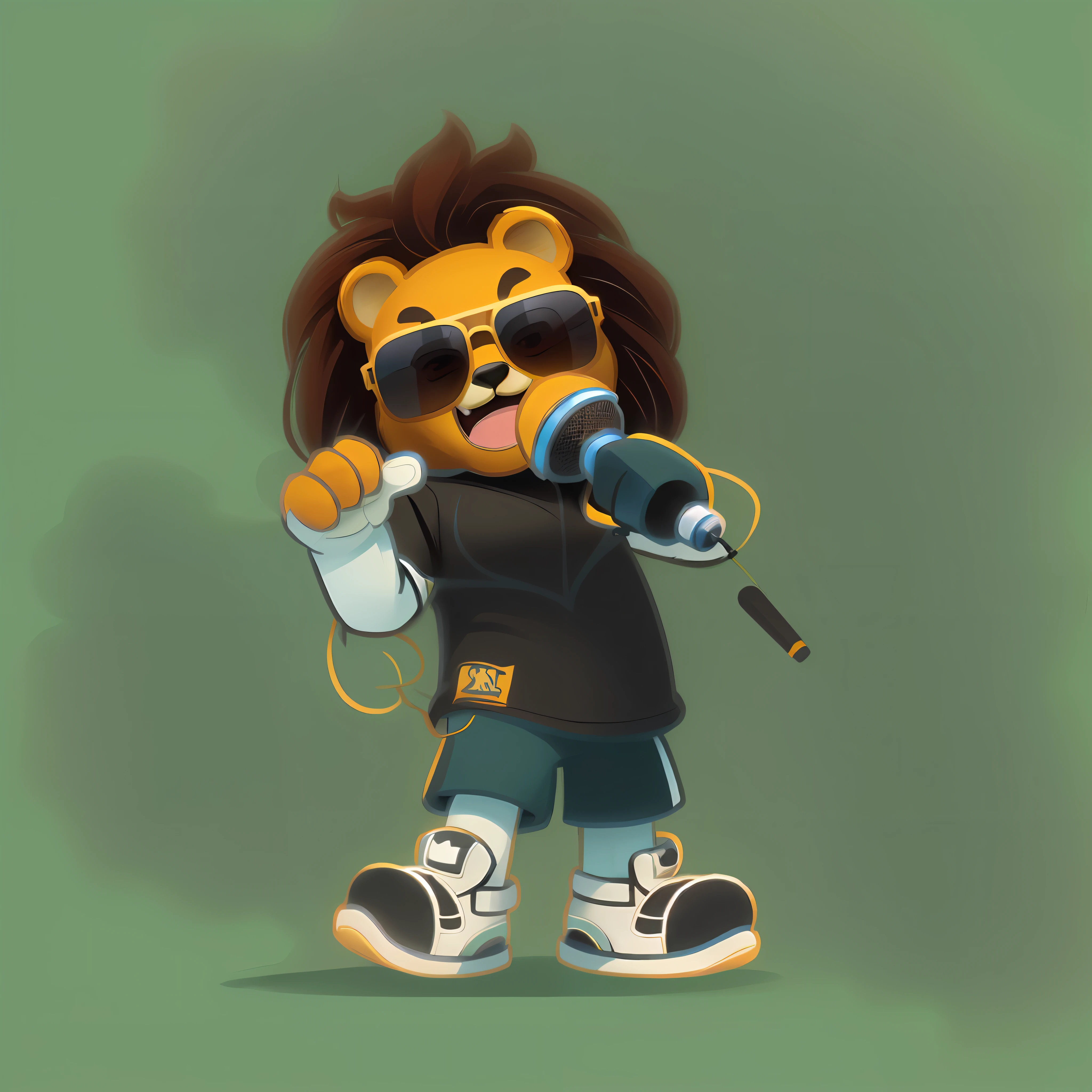 cartoon of a lion with sunglasses and a microphone, mascot illustrations, Full body lion, sports mascot, sports team mascot, full body mascot, cereal mascot, robot lion, looking heckin cool and stylish, japanese mascot,  rapping