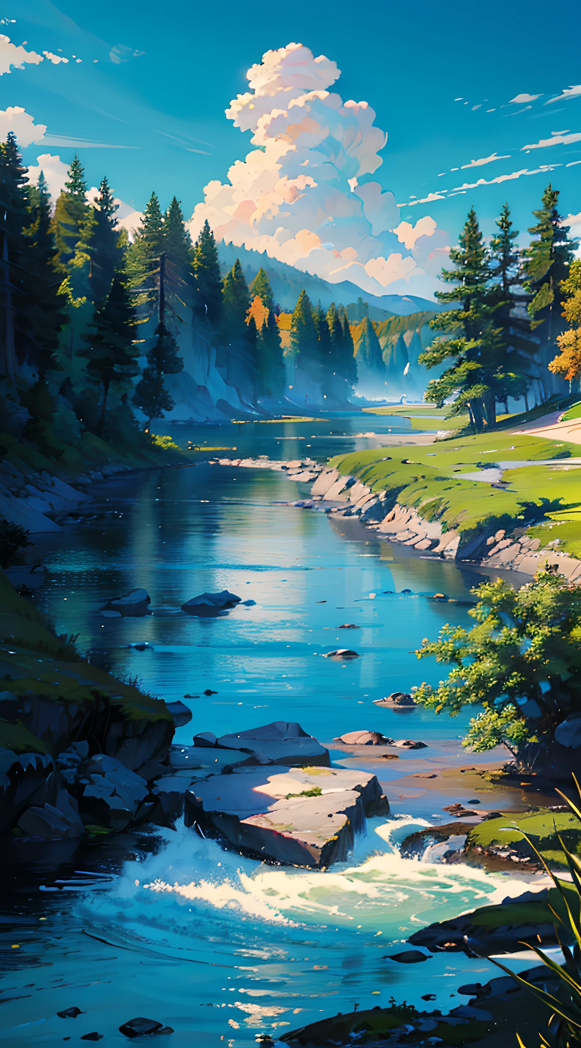 no humans, scenery, vanishing point, from below, masterpiece, best quality, 8k, absurdres, water surface, summer, noon, sunlight, blue sky, perspective, depth of field, highres, finely detail, ultra-detailed, sharp focus