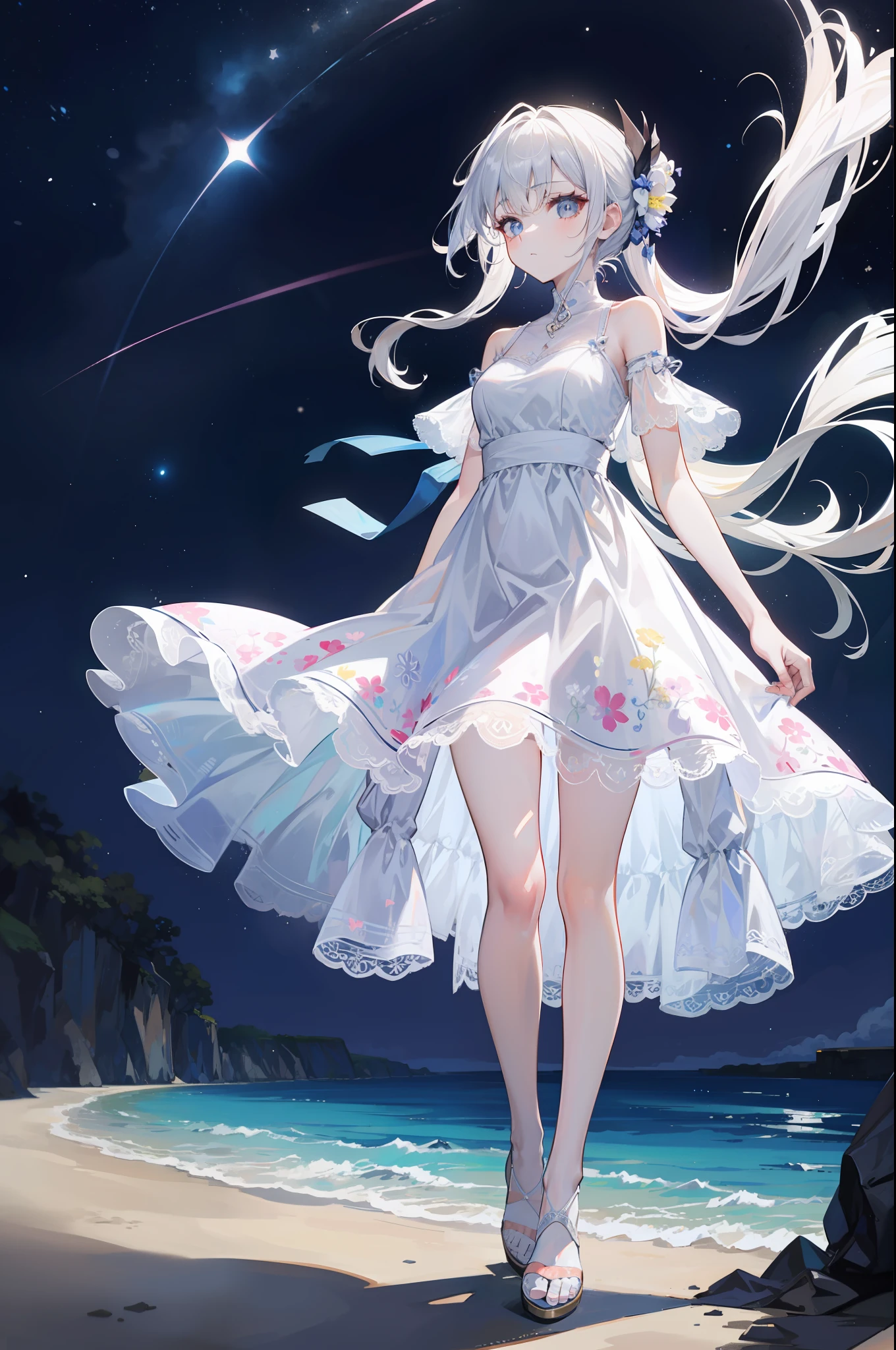 Diagonal angle from below,Full body,Animated picture, Full View, very beautiful girl about 20 years old, model with high head height, shiny silver hair,She's on the beach at night in the dark, Looking up at the sky.  with full of stars, a dark night,(dark beach lit only by stars and moonlight), starry sky clearly visible, dress with beautiful lace and sheer floral pattern, Hair and skirt fluttering in the wind, Extremely high quality, High image quality, extremely delicate writing