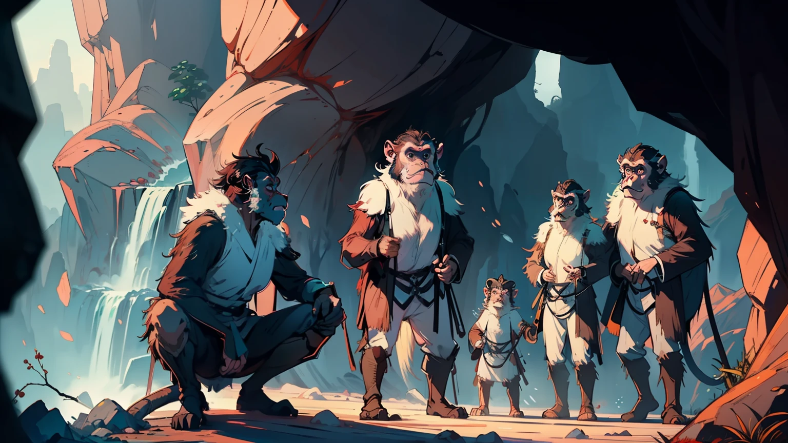Robust big monkey with several small monkeys,In front of a pitch-black cave,The entrance to the cave is obscured by a waterfall,There are many fruit trees planted outside the cave gate,Ancient wind,Beautiful CG quality,Clear and detailed description,Hearty shots,Rich and superb local details,Intoxicating light and shadow effects,Beautiful and beautiful overall atmosphere