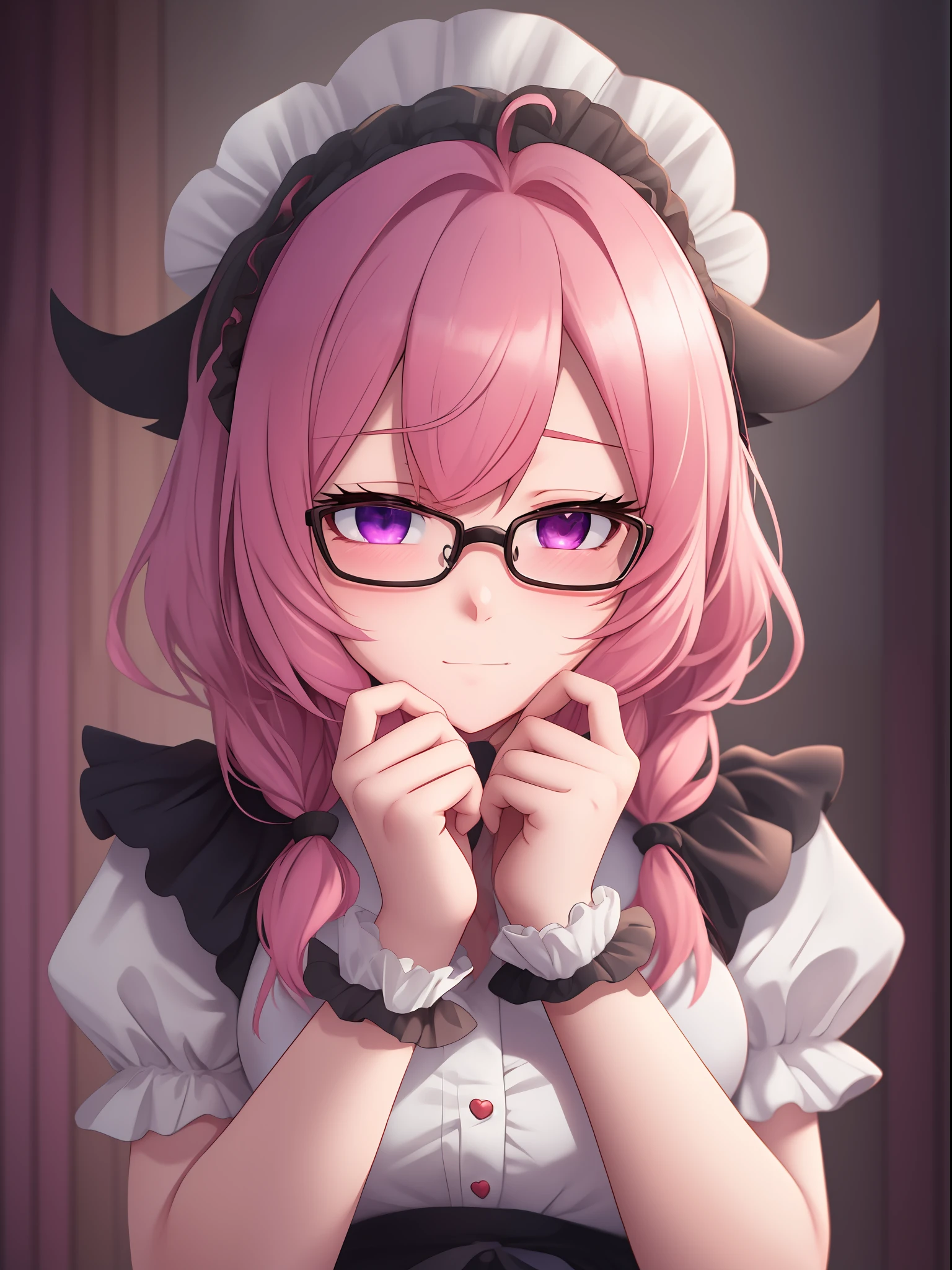 pink hair, heart ahoge, maid headdress, bespectacled, half-closed eyes, shy, blush, ear blush, full blush, tachi-e, pov, lens flare, Eye-Level Shot, Sony FE GM, chiaroscuro, cinematic lighting, drop shadow, stereogram, anime style, UHD, masterpiece, textured skin, anatomically correct, high quality, high details, highres, 16k，An anime girl in love，Very shy，Cover her cheeks with her own hands