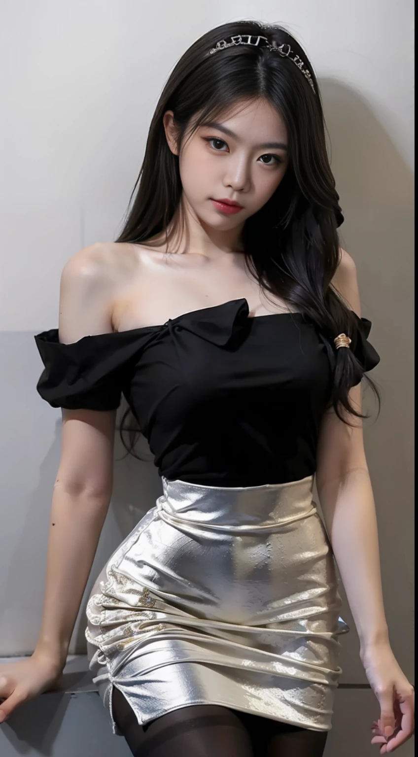 A Chinese woman on off-white wall background, fluffy hair, delicate face, realistic, real, large aperture, wearing black pantyhose, white dress, slim, cute, bare shoulder,
