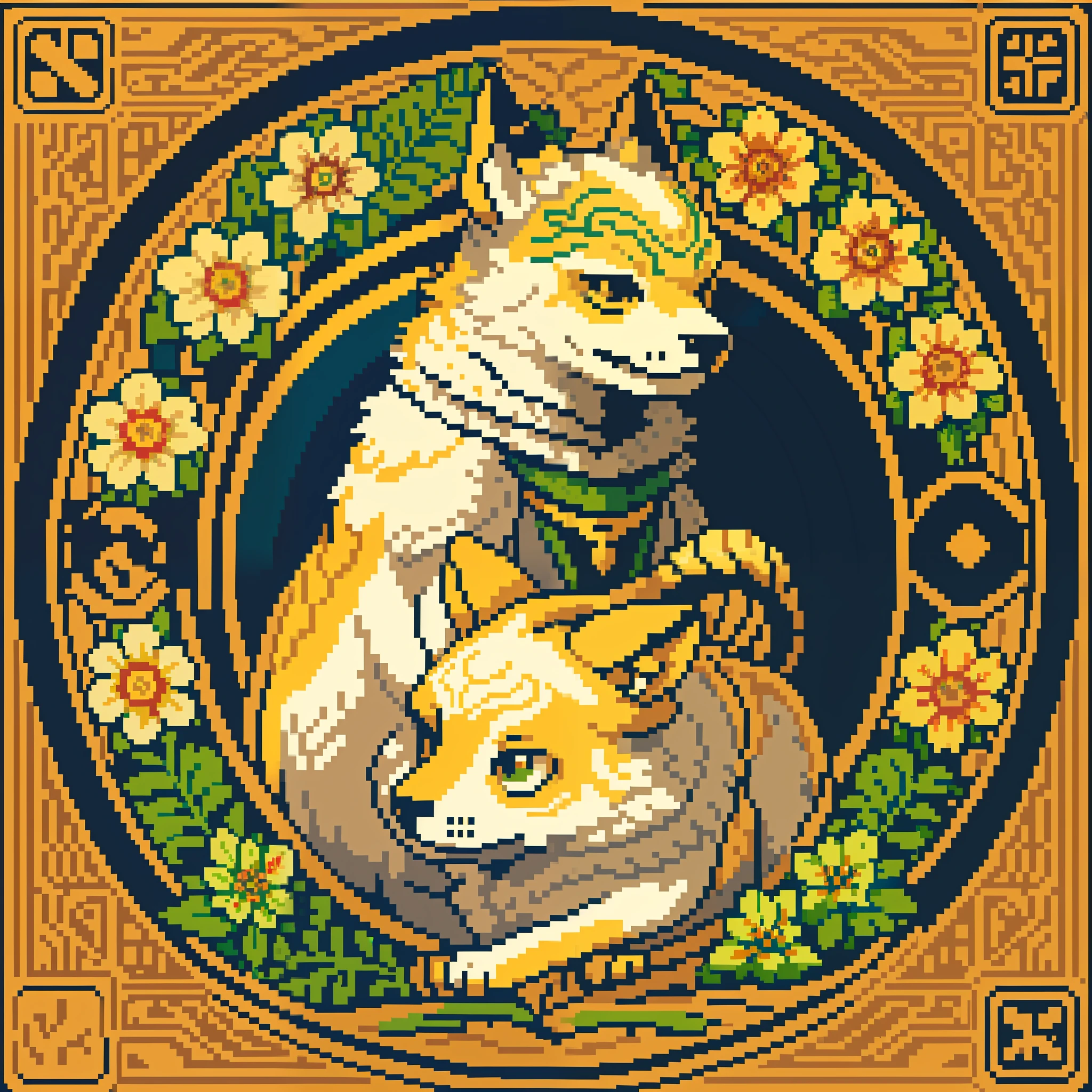 top quality, best quality, logo mark, stamp, Geometric pattern, vector-art, High-quality illustrations by Alfons Mucha, masterpiece(kemono, furry anthro)flower, pixel art,