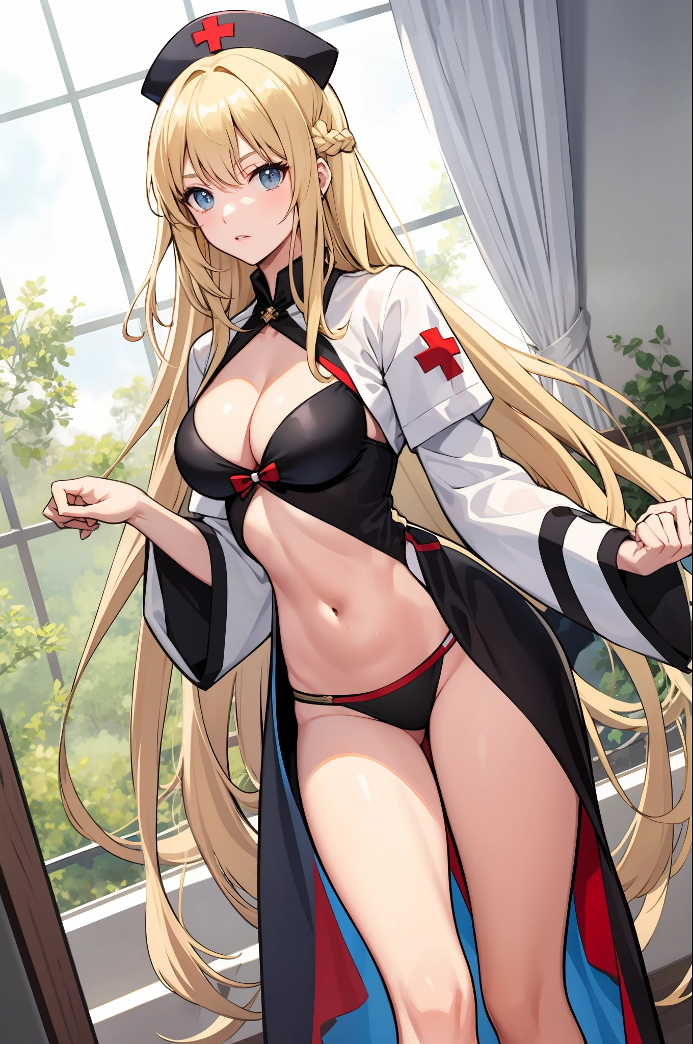 masterpiece, best quality, long hair,  medium breast, cleavage, navel, slim legs, morgan fate blonde hair, forest, nurse