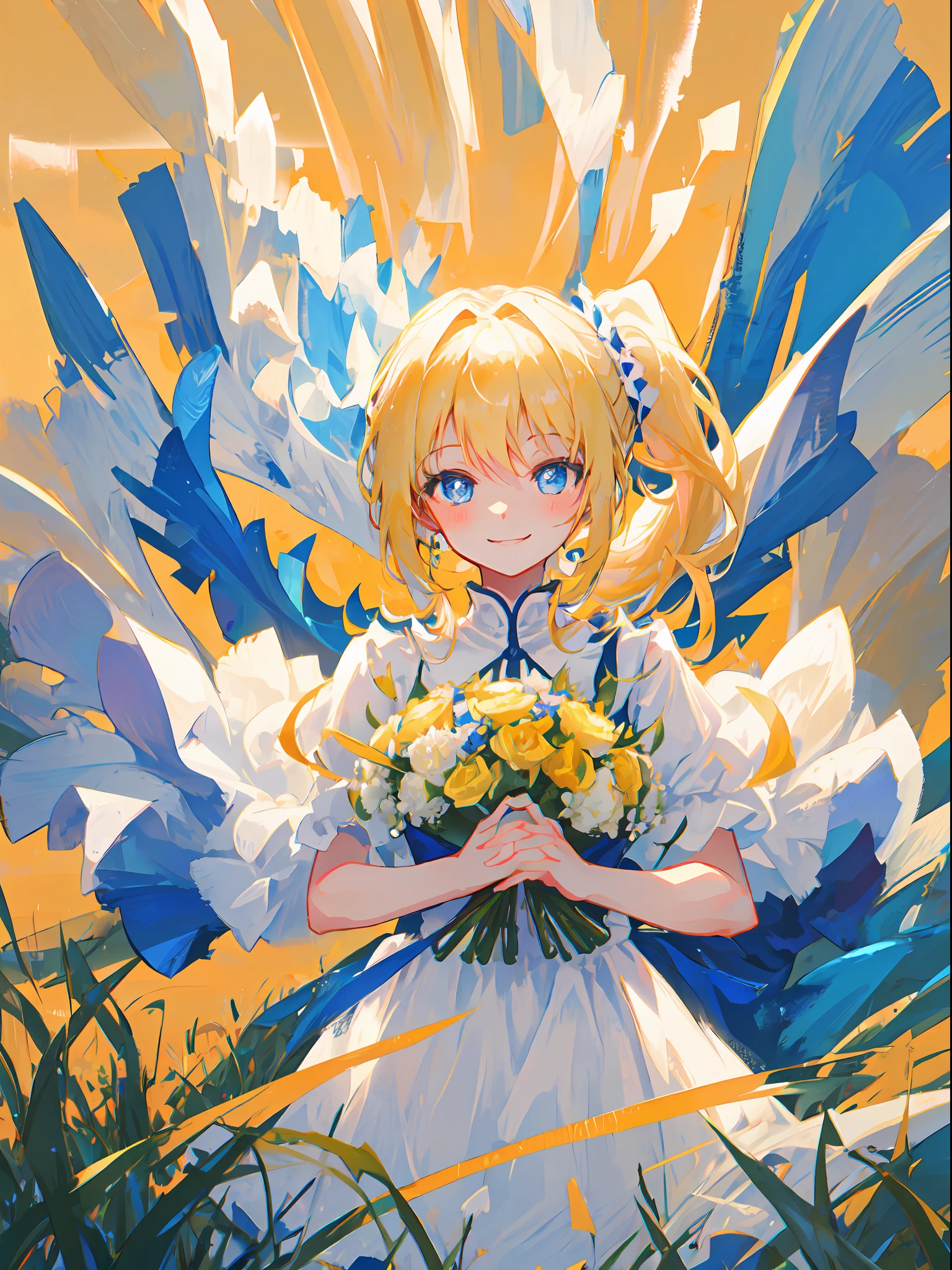 Girl, blond hair, ponytail, blue eyes, beautiful eyes, smile, happy, white dress, bouquet, holding with both hands, upper body, on grassland, golden sky