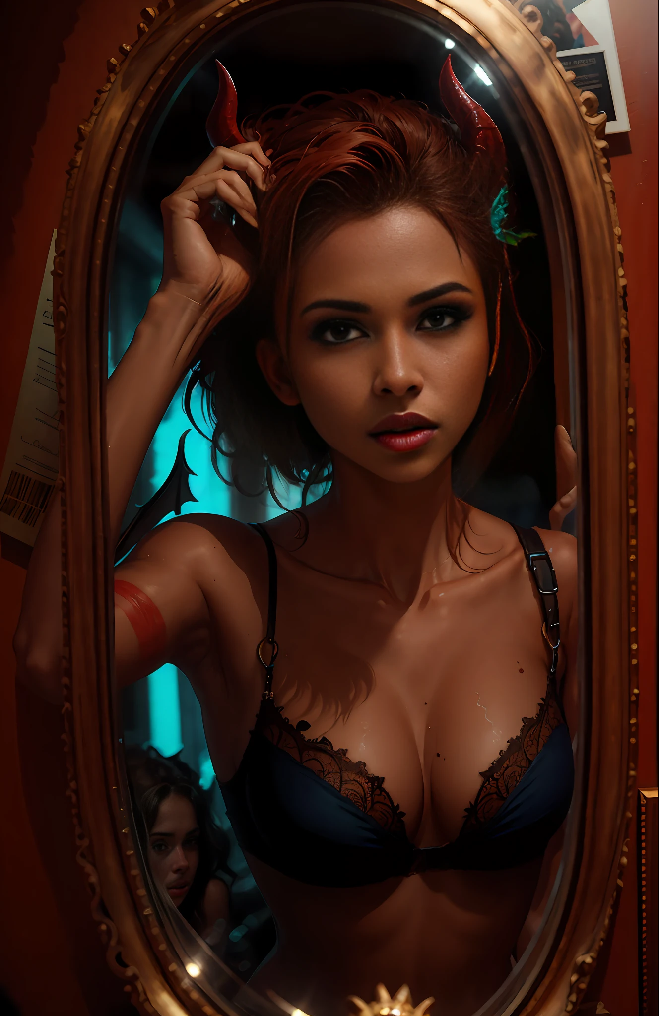 Style-Glass, award winning photo, masterpiece, highest quality, solo focus, woman, (red skin:1.3), demoness, (demon:1.3) breaking through a mirror, by lee jeffries nikon d850 film stock photograph 4 kodak portra 400 camera f1.6 lens rich colors hyper realistic lifelike texture dramatic lighting unrealengine trending on artstation cinestill 800, sfw:1.2