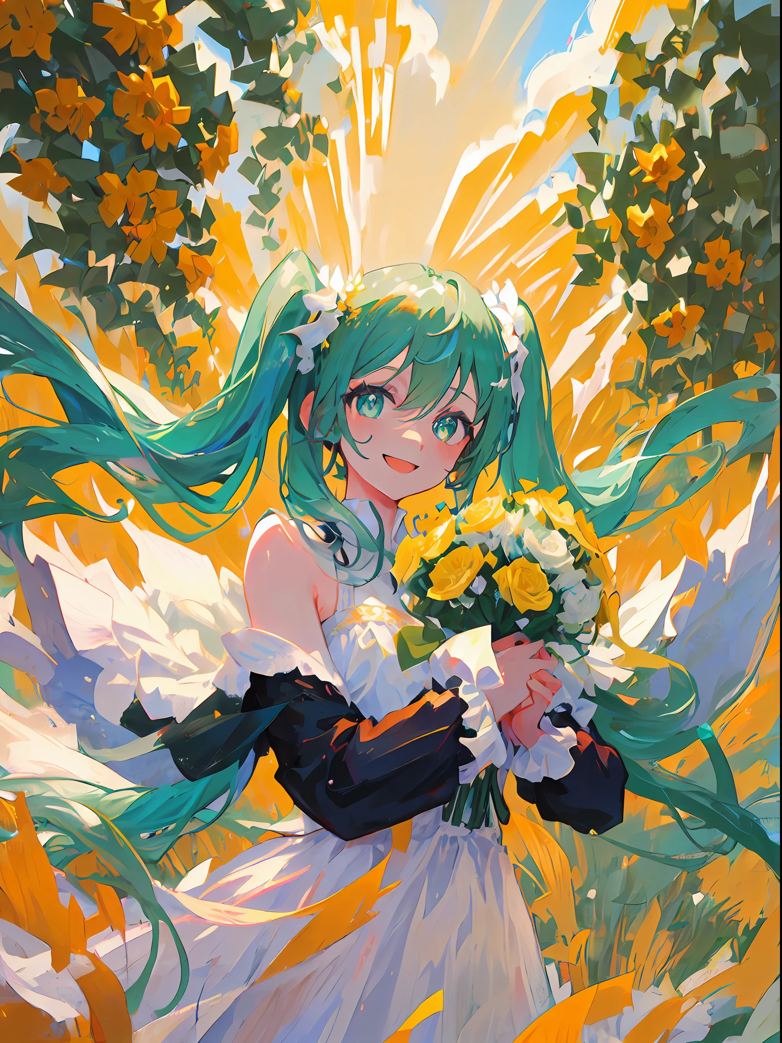 Girl, green hair, twintile, green eyes, beautiful eyes, smile, happy, white dress, bouquet, holding with both hands, upper body, on grassland, golden sky