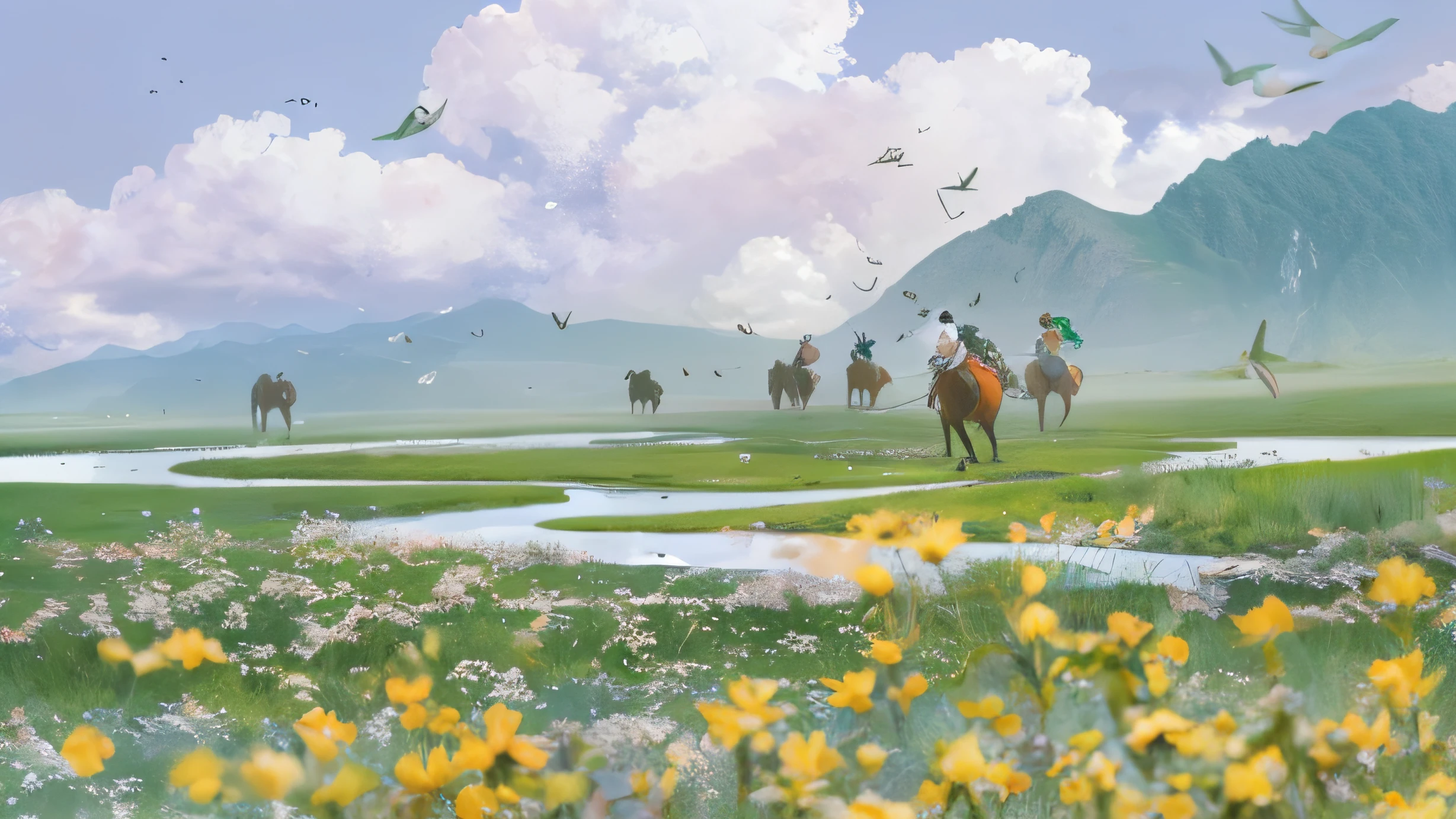 Man riding a horse in the steppe，Birds fly around, by Yang J, By Li Song, author：Qu Leilei, author：Zou Zhe, by Ye Xin, author：Wang Yi, author：Li Zai, author：Zou Yigui, author：Zhang Zongcang, author：Huang Shen, author：Xia Yong, author：Huang Ji, on grassland