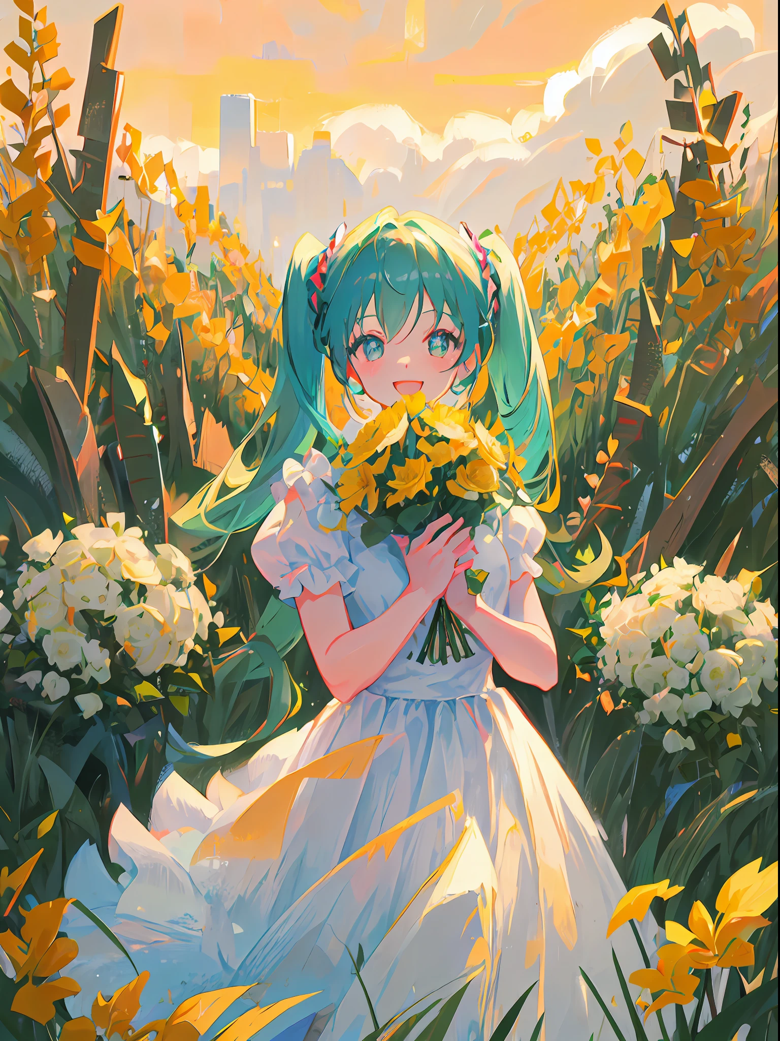 Girl, green hair, twintile, green eyes, beautiful eyes, smile, happy, white dress, bouquet, holding with both hands, upper body, on grassland, golden sky