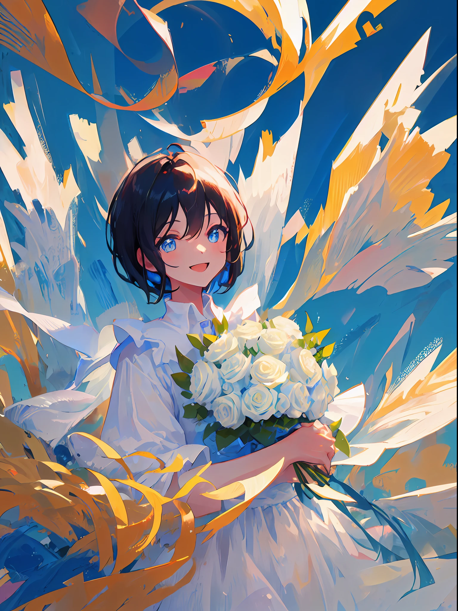 Girl, black hair, short cut , blue eyes, beautiful eyes, smile, happy, white dress, bouquet, holding with both hands, upper body, on grassland, golden sky