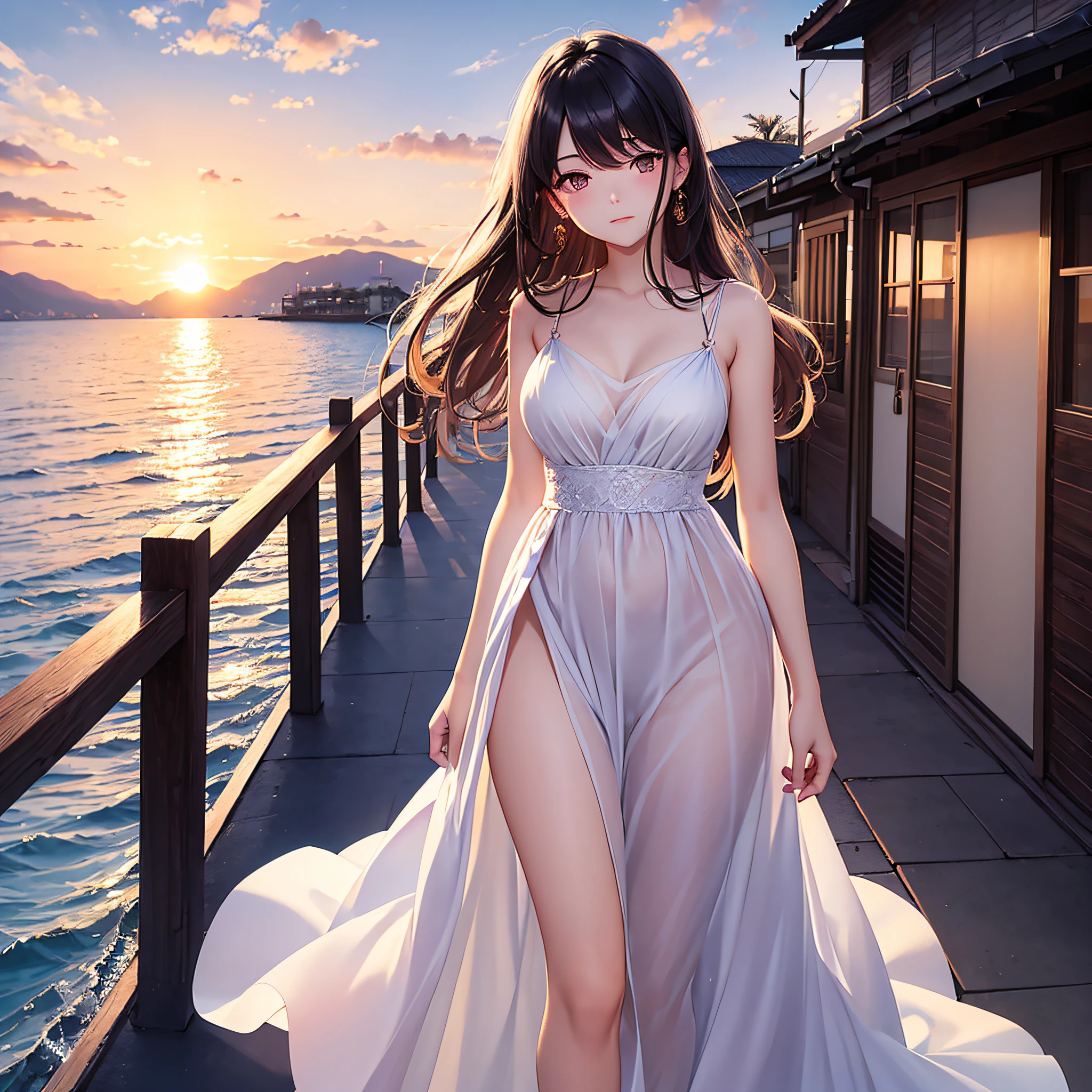 One dusk sunset, a beautiful girl walked slowly, the breeze blowing her white dress, and the slanting sun reflected on her long hair, forming a beautiful gradient of colors. --auto --s2