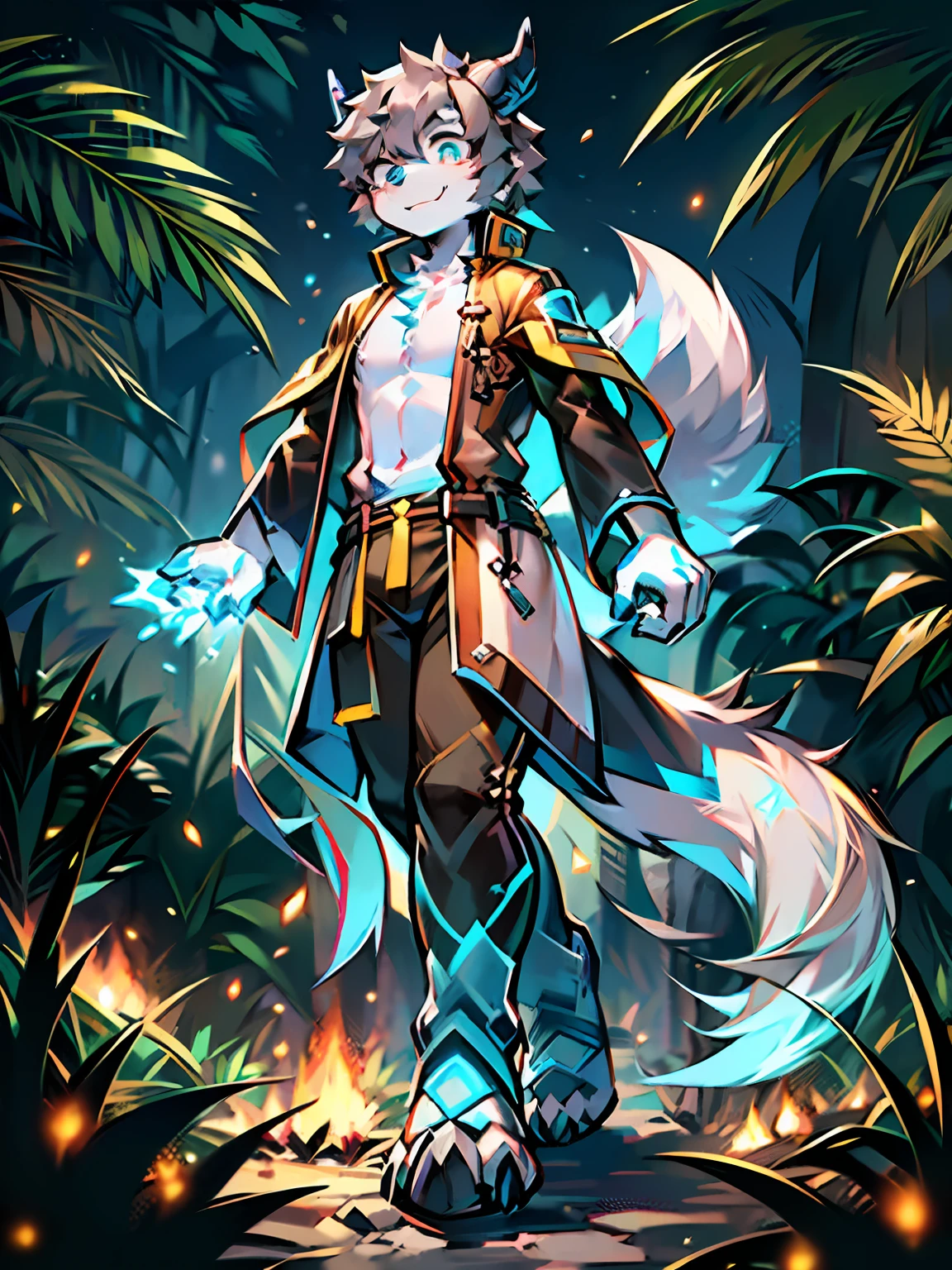 eyes with brightness, the panorama, Character focus ，Full body like，Side Body，独奏,solo person， shaggy, Correct human anatomy。Furry male wolf（Dragon and wolf combined）, Male blue-white skin, The eyes are blue，（A pair of dragon wings）, Gray hair(The long），There is a pair on the forehead（small nipple）Blue horns。fluorescence，In the rainforest，夜晚，bonfires，Adventure clothing，Walk，Take control of the magic，Ice floating in your hands，Pathfinding，looking around a corner，Young style，Height one meter seven，Handsome， There is a wolf tail，high-definition，8K，1440*2048