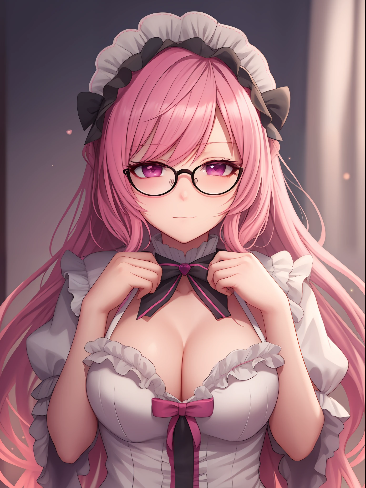 pink hair, heart ahoge, maid headdress, bespectacled, half-closed eyes, shy, blush, ear blush, full blush, tachi-e, pov, lens flare, Eye-Level Shot, Sony FE GM, chiaroscuro, cinematic lighting, drop shadow, stereogram, anime style, UHD, masterpiece, textured skin, anatomically correct, high quality, high details, highres, 16k,An anime girl in love,Very shy,Cover her cheeks with her own hands