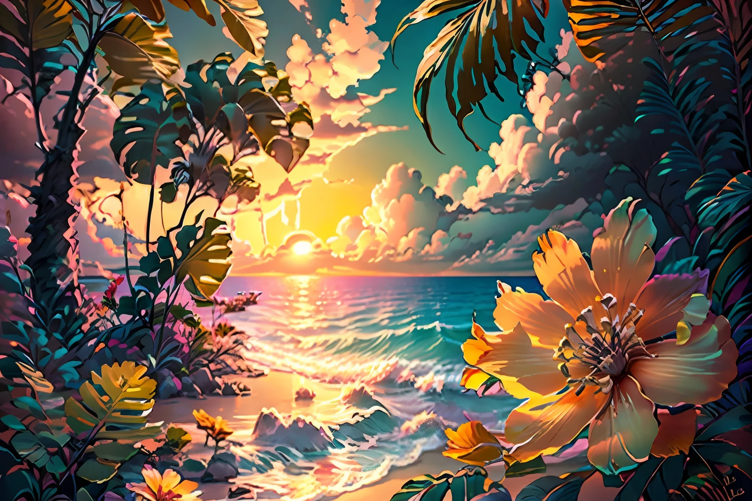 Tropical flowers and wooden background with text frame，tropical background，blooming tropical flowers，background yellow and blue，beach sunset background，stylized background，tropical plants and flowers，Vibrant and colorful background，floral sunset，colorful picture，mediterranean beach background，unwind。Amazing colorful background，sea beach background，colorized background，seaside backgroud，Flower frame