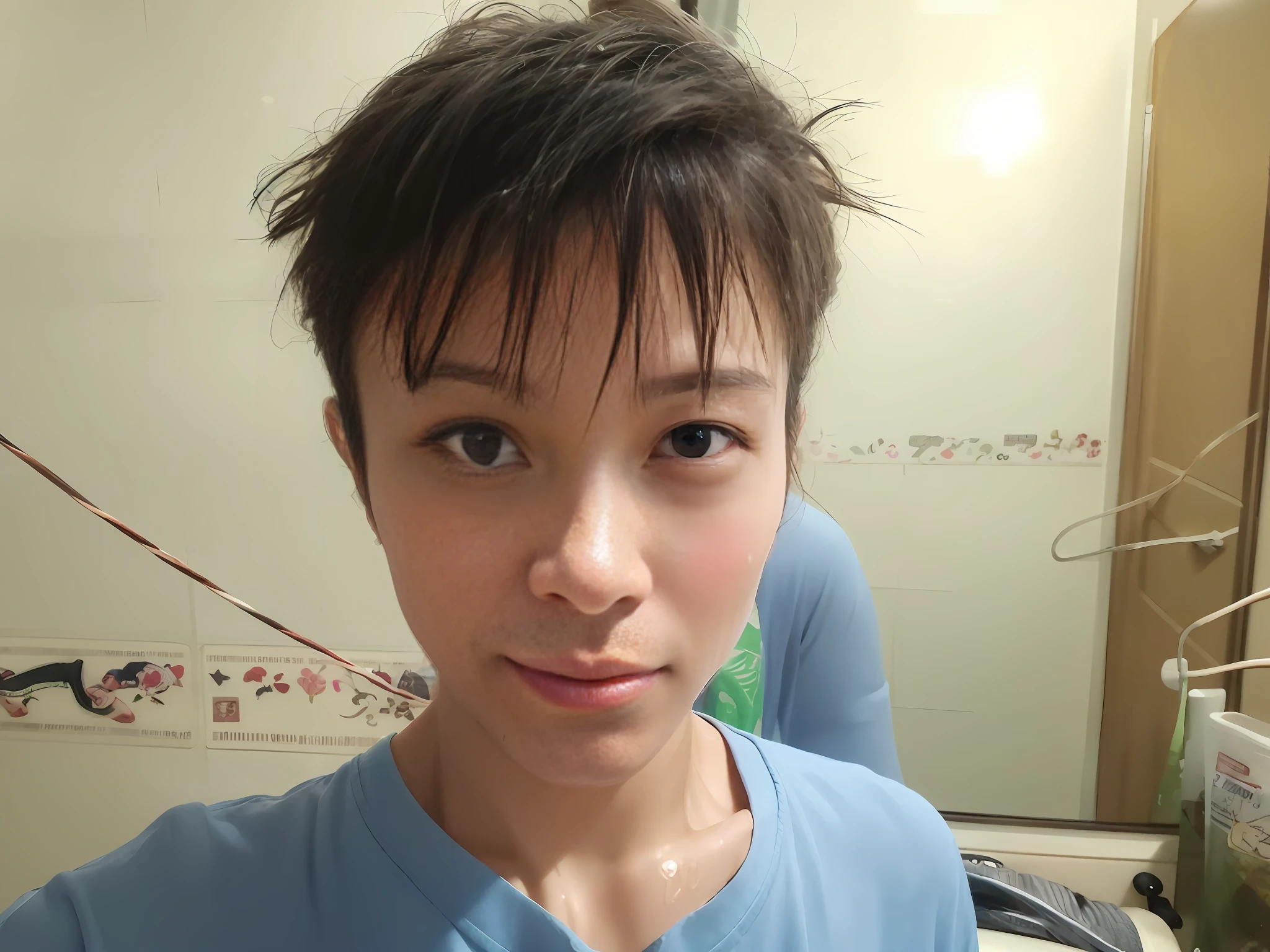 there is a young man with a wet hair standing in front of a mirror, Wet hair, wet dripping hair, 2 7 years old, 2 2 years old, 18 years old, soaking wet hair, young cute wan asian face, 2 8 years old, 2 3 years old, Naked man with short hair, greasy hair, 21 years old