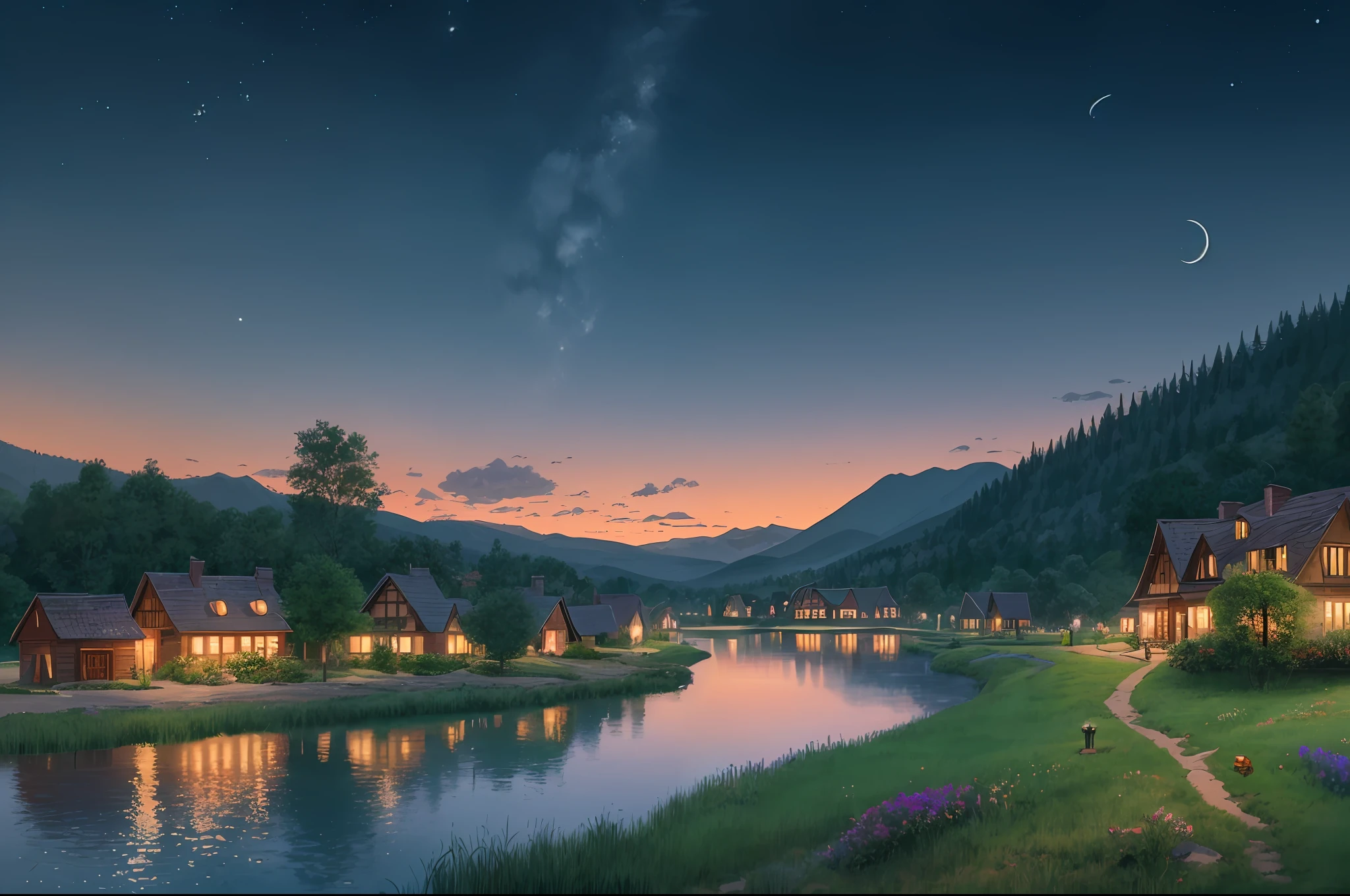 Little (Town) Village built on a small lake surrounded by mountains, (time night) sky, warm colors, vibrant  lighting, realistic, in the style of CAMILLE PISSARRO --auto --s2