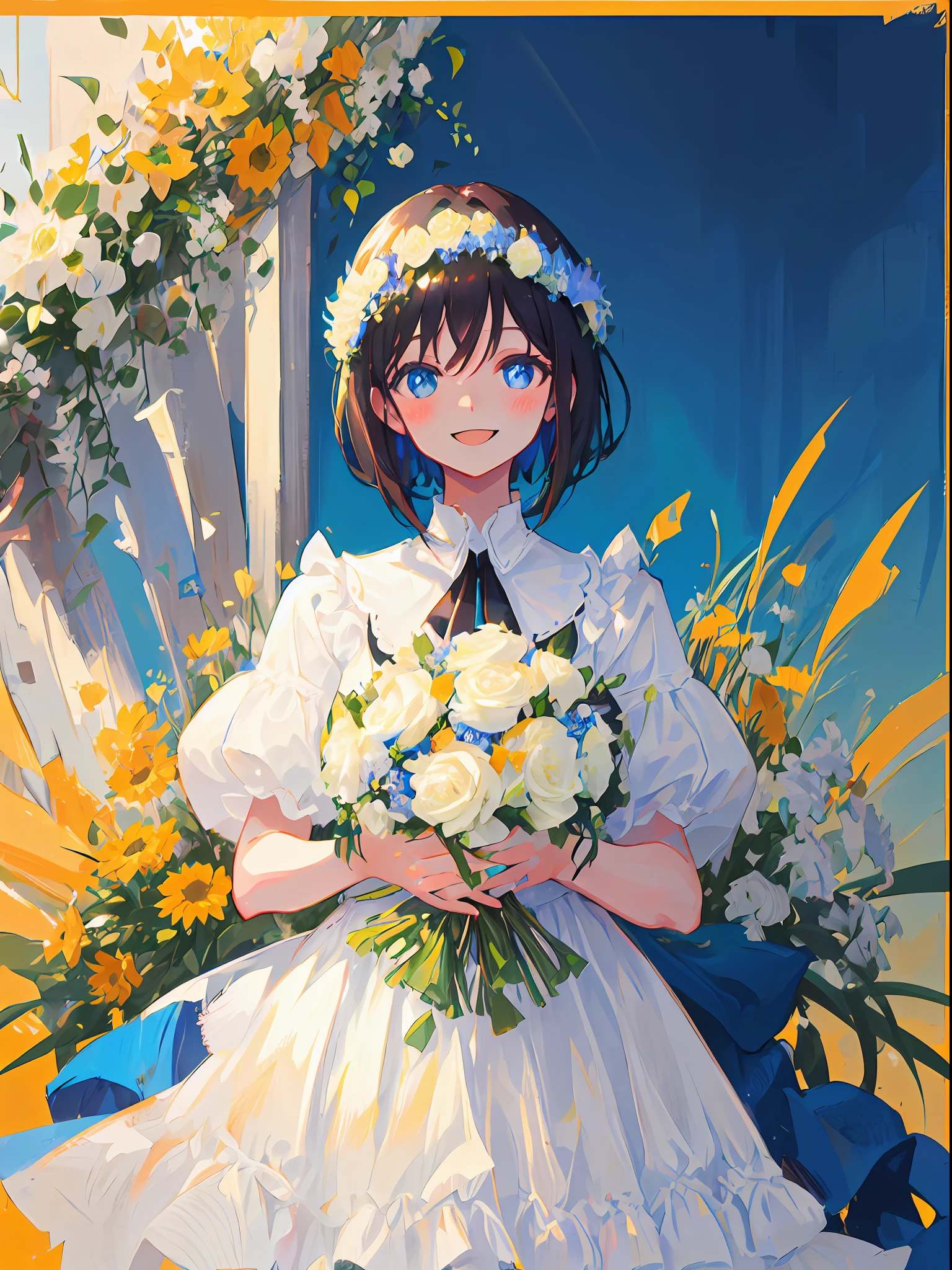 Girl, black hair, short cut , blue eyes, beautiful eyes, smile, happy, white dress, bouquet, holding with both hands, upper body, on grassland, golden sky