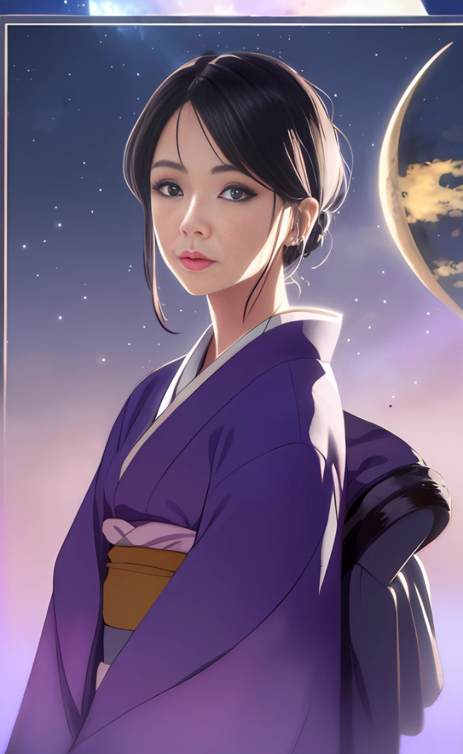 Mature Girl、black  hair、Delicate and smart eyes、purple and white kimono、Simple accessories、astrologer、FOV、F1.8、A masterpice、Moon Night、Frontal portrait shot、Chang'e、Looking here、Facing forward、Light from the front