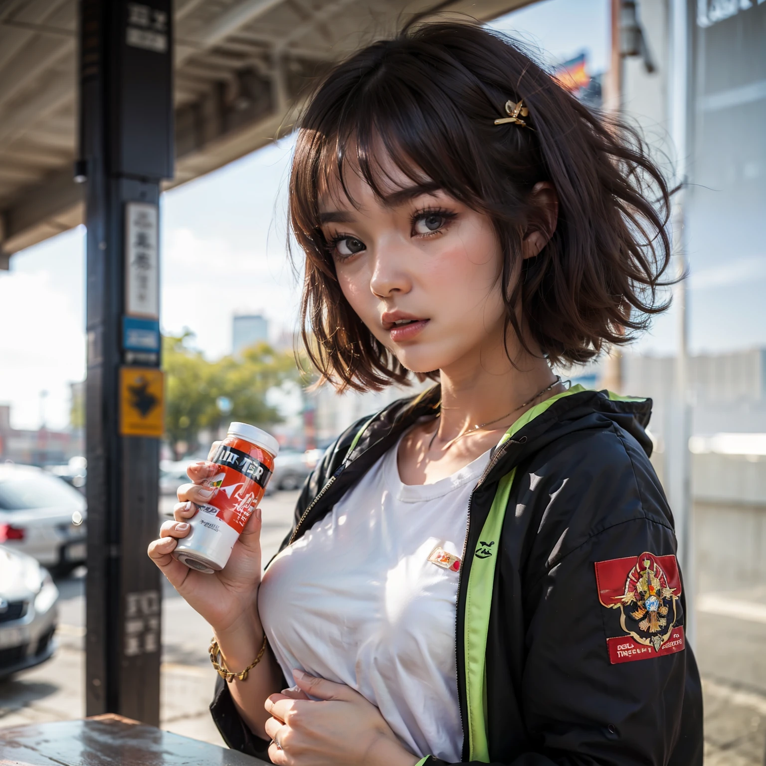 Taking throat medicine in the form of a thin little energy drink、Russian young woman trying to stop coughing、Wearing summer clothes、small tits、With gray eyes、having eyebrows above the eyes,、with neat bright brown bangs,、Russian young woman