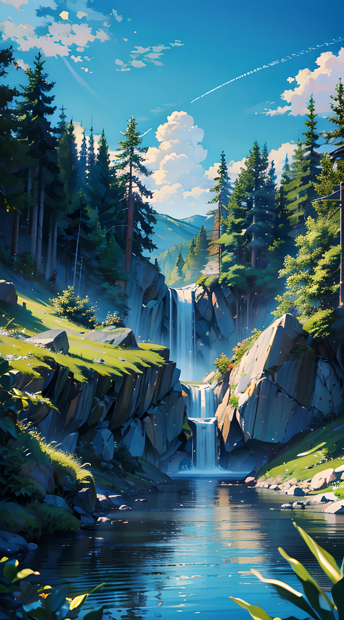 no humans, scenery, vanishing point, from below, masterpiece, best quality, 8k, absurdres, water surface, summer, noon, sunlight, blue sky, perspective, depth of field, highres, finely detail, ultra-detailed, sharp focus