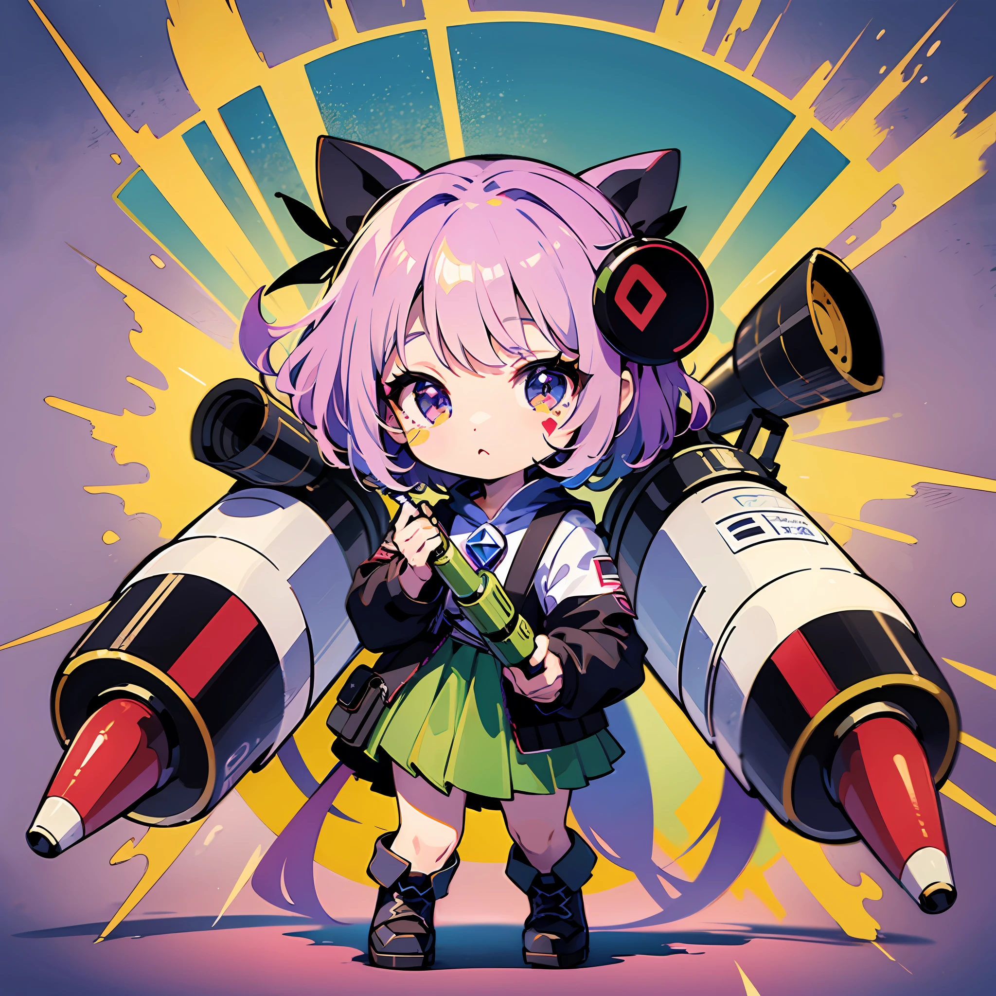 ((sticker:1.5)))、((Chibi Chara))、(((rocket launcher)))、1girl in、Strong perm、Good job、Strongest、Chibi Chara、ful body、pastel-colored hair、Fairy tale、beste-Quality、high picture quality、Otsu Curry Rice