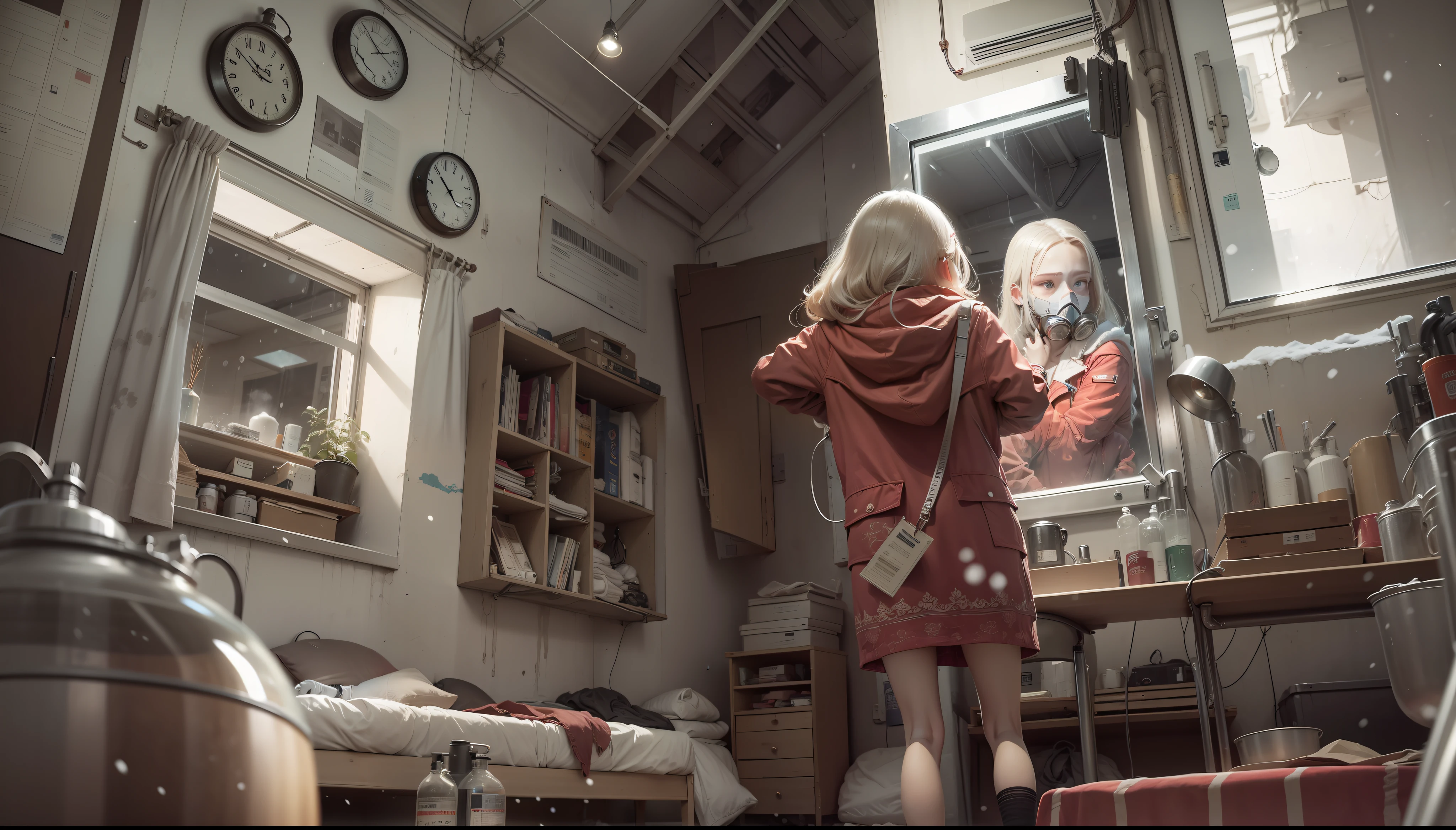 Fantasy video game character concept art，It was snowing on a night，Interior of a dormitory in an industrial factory，A girl in a red cotton jacket is braiding her hair in front of the mirror，Bring oxygen cylinders and gas masks，The room has a square window，A girl in a red cotton jacket is knocking on the window to urge，The lighting in the room is more than adequate，The room had a lot of fittings，The rooms are decorated in a Bauhaus style，The instrument on the table in the room reality has a temperature of -28 degrees outside