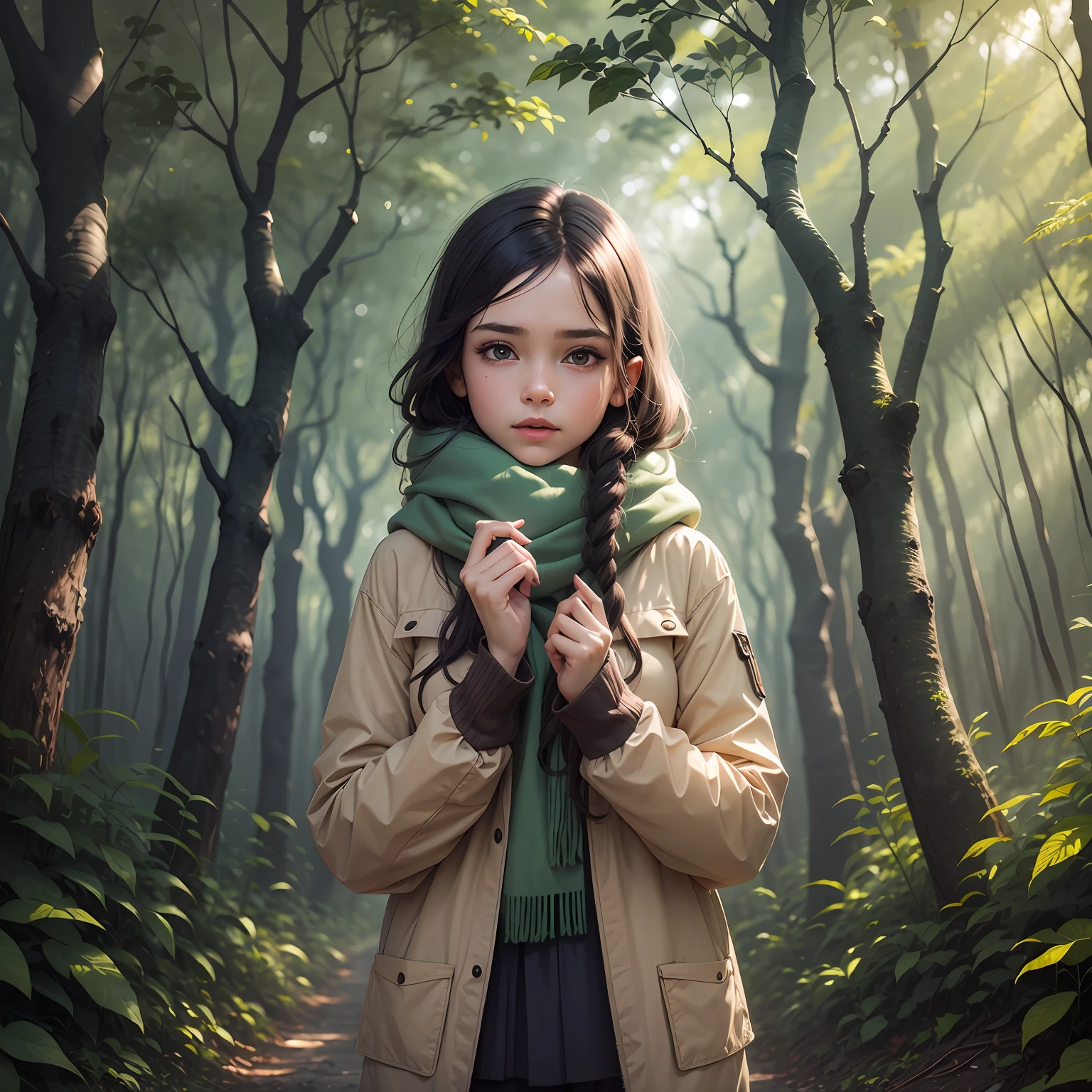 A with long brown hair is heading to the forest with a small red bag on her face. The sun is shining brightly against the background of the forest, and the leaves are falling gently. Illustration style for children --auto