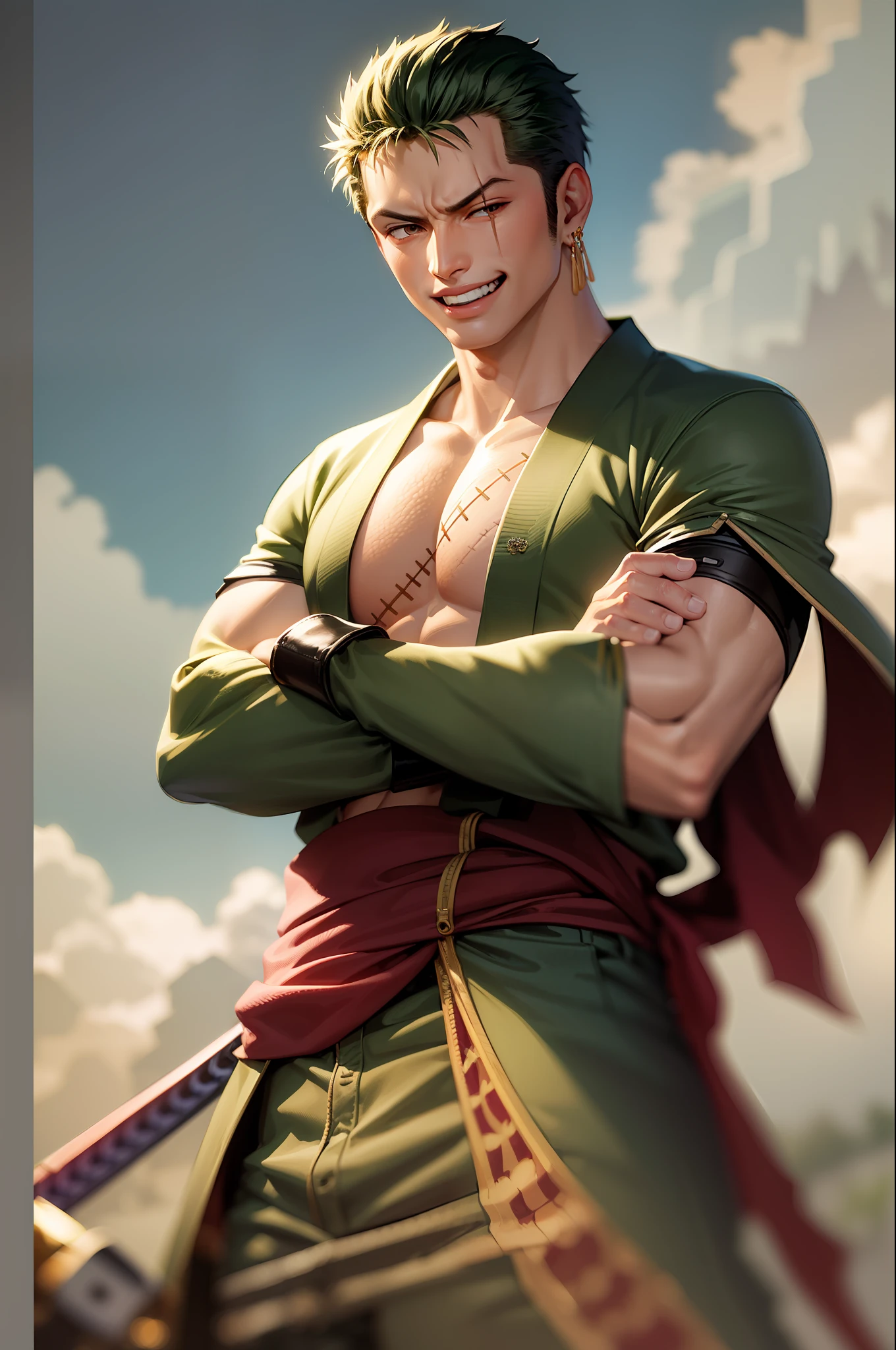 (masterpiece, best quality:1.2), cowboy shot, solo, male focus, 1boy, roronoa zoro, scar, muscular male, grin, looking at viewer, (dual wielding:1.2) katanas, crossed arms, japanese clothes, green kimono