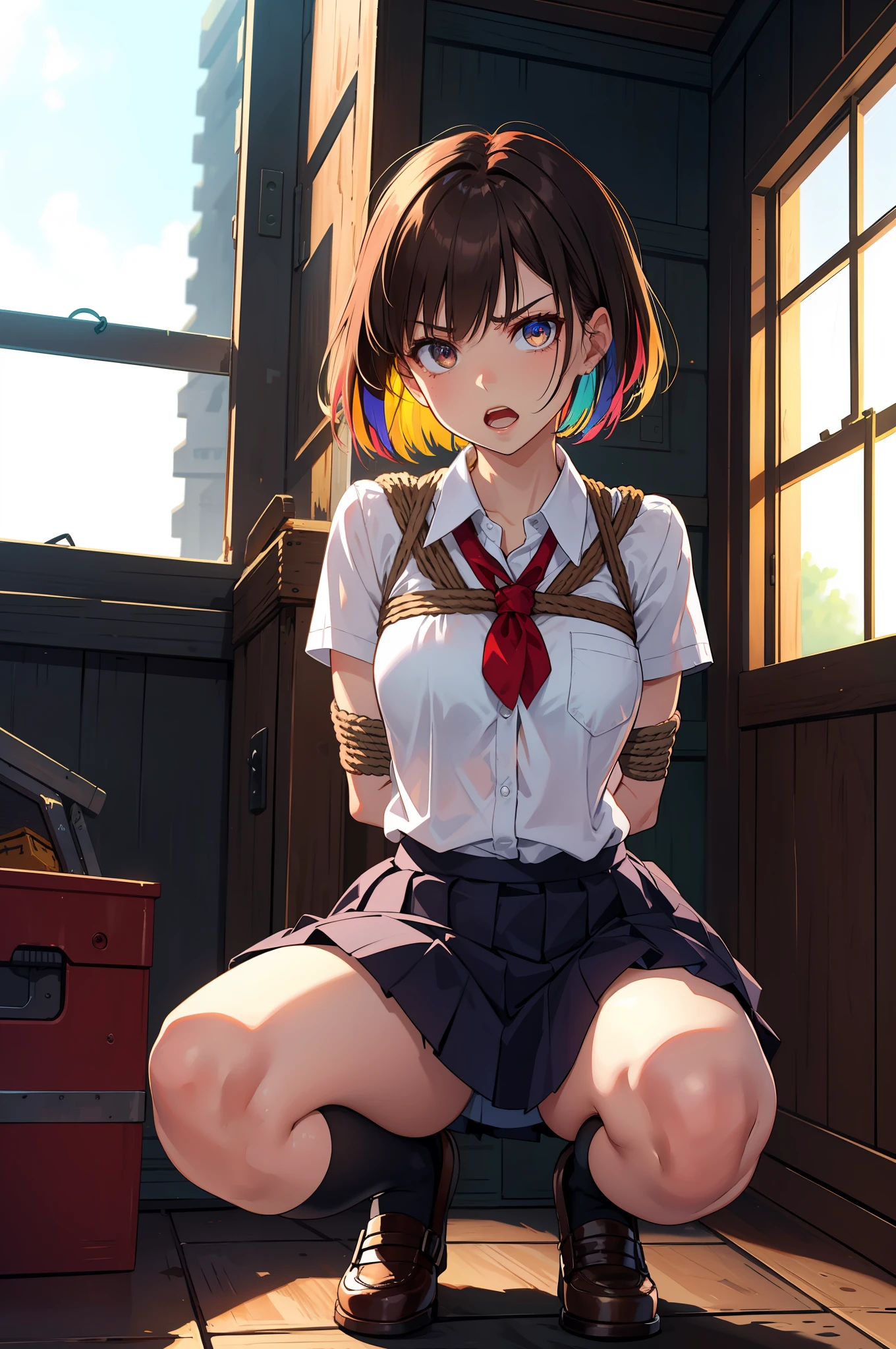 (bound arms, arms behind back, rope, bound legs:1.2), squatting, highres, highest quallity, illustration, ultra detailed, (detailed face), (detailed eyes), soft lighting, best quality, hyper detailed, masterpiece, looking at viewer, angry, open mouth, 1girl, solo, short hair, brown hair, school uniform, skirt, (colorful), shack, window, night,