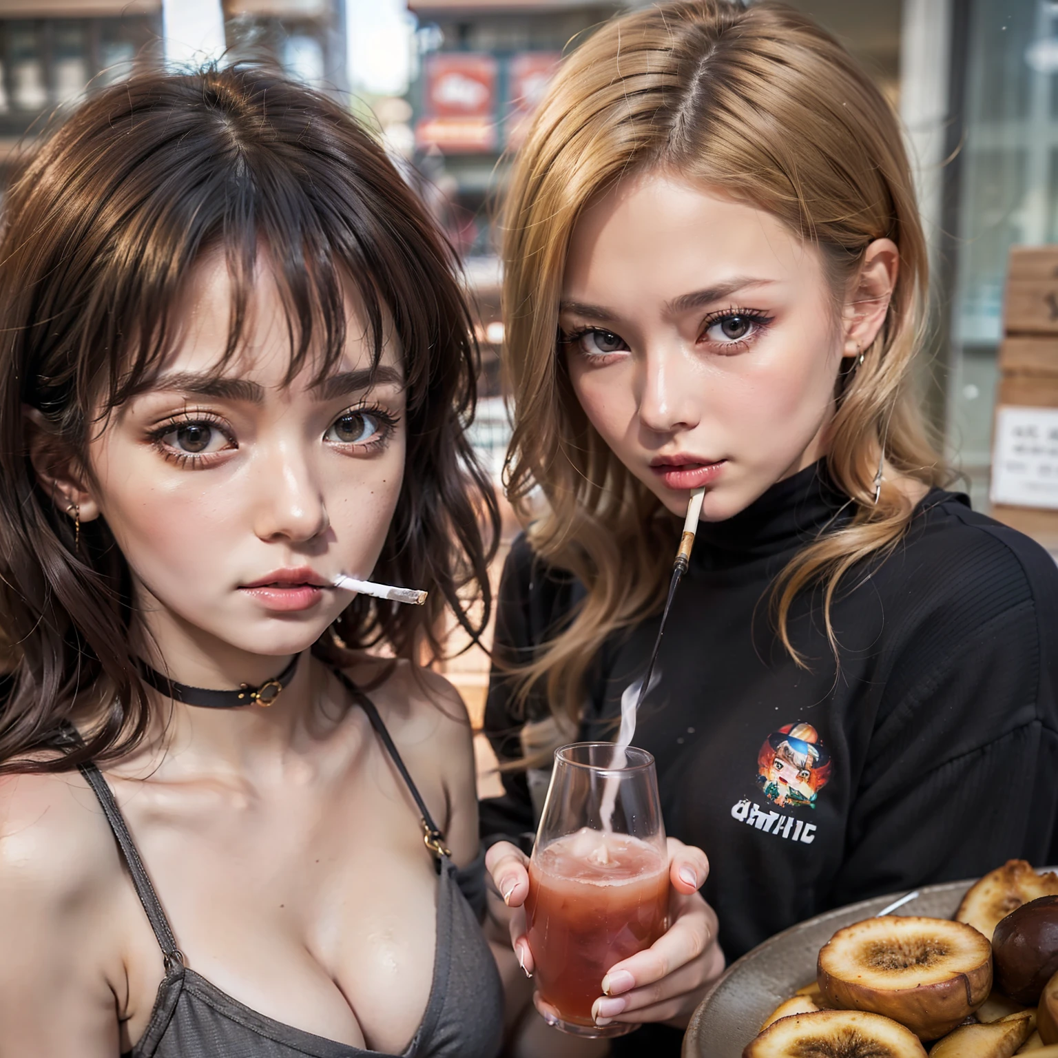 Among the dubious Russian shops、Young Russian woman smoking shisha、Wearing summer clothes、small tits、With gray eyes、having eyebrows above the eyes,、with neat bright brown bangs,、Russian young woman、In a suspicious atmosphere、The surrounding space is filled with smoke