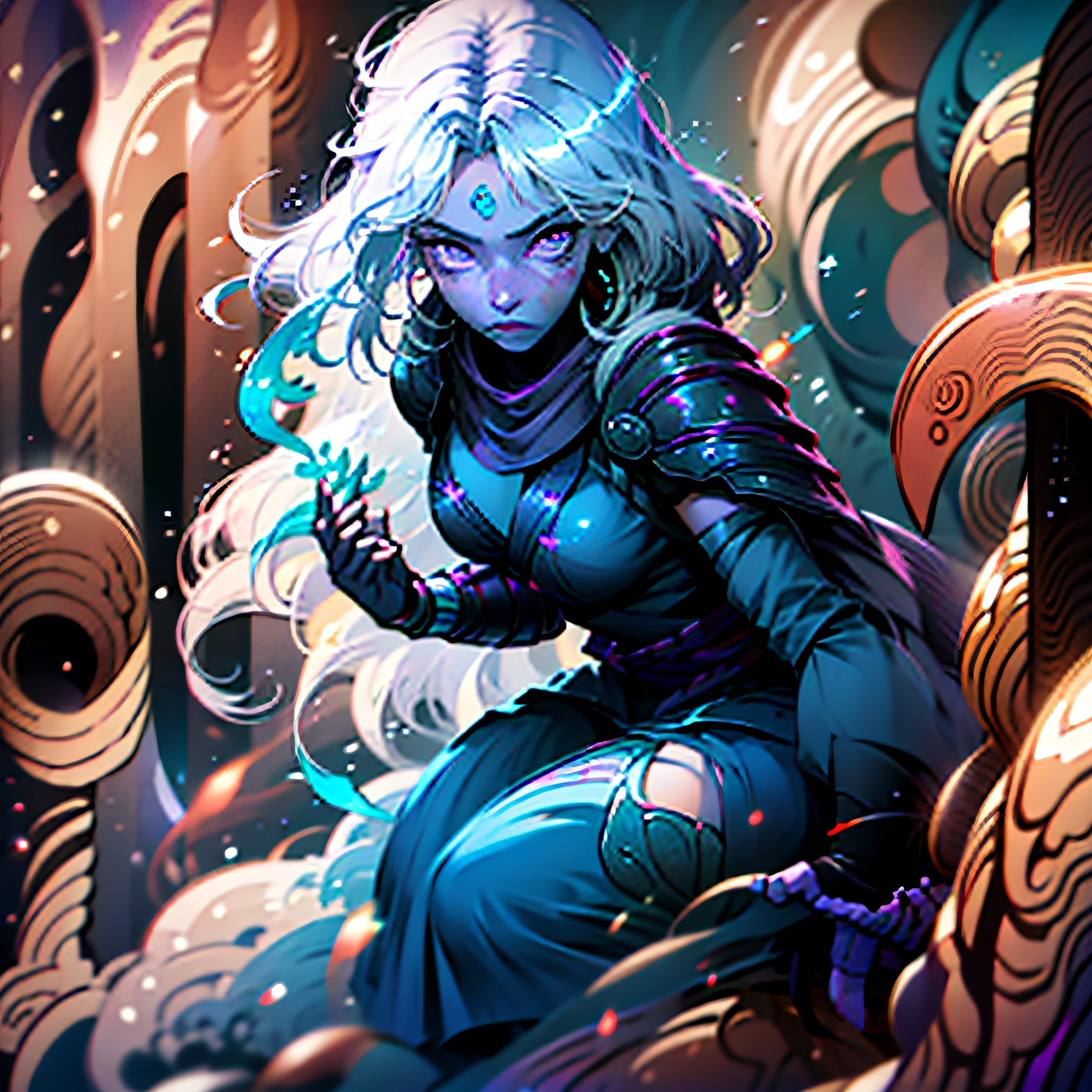"Two female ninjas with white hair and purple eyes stand in front of a magic circle background. They possess long hair, medium breasts, and wear scarves. big weapon. The scene is lit with blue fire and shimmering light particles." --auto