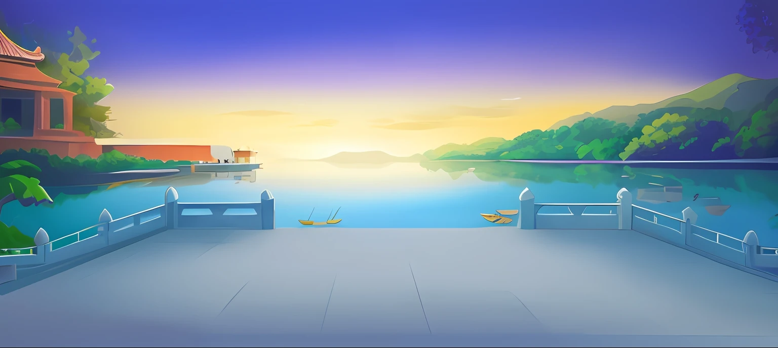 there is a painting of a beautiful view of a lake, Lake background, beautiful lake background, palace background, temple background, Mobile game background, background artwork, royal garden background, detailed lake in background, island background, Detailed scenery —width 672, arte de fundo, game background, background depicting a temple, light kingdom backdrop, Dawn background, golden hour background