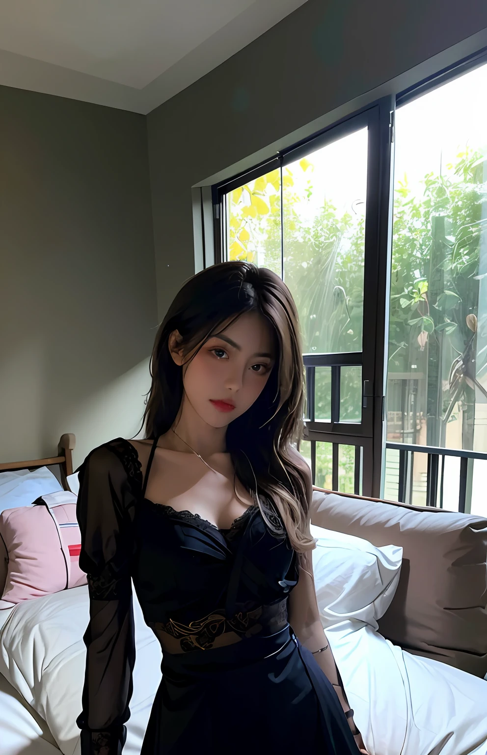 Best quality, masterpiece, ultra high res, (photorealistic:1.4), raw photo, 1girl, ((black lace nightgown)), ((small breast)), cold light