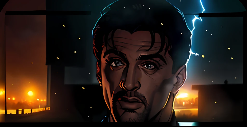 (((Cara confusa)), (comic styled), Silvester Stallone como policial, cena escura, ao ar livre a noite em uma fazenda, olhos azuis, fazenda Noturna, particles, Chuva leve, Foco masculino, (cabo de fluxo longo), noite, Chuva, lightning bolts, fundo detalhado, (arte de Frank Miller), obra-prima, (realista:1.3), perfect illumination, sombreamento perfeito, (textura realista do tecido), hiper-realista, (fotorrealista:1.5)