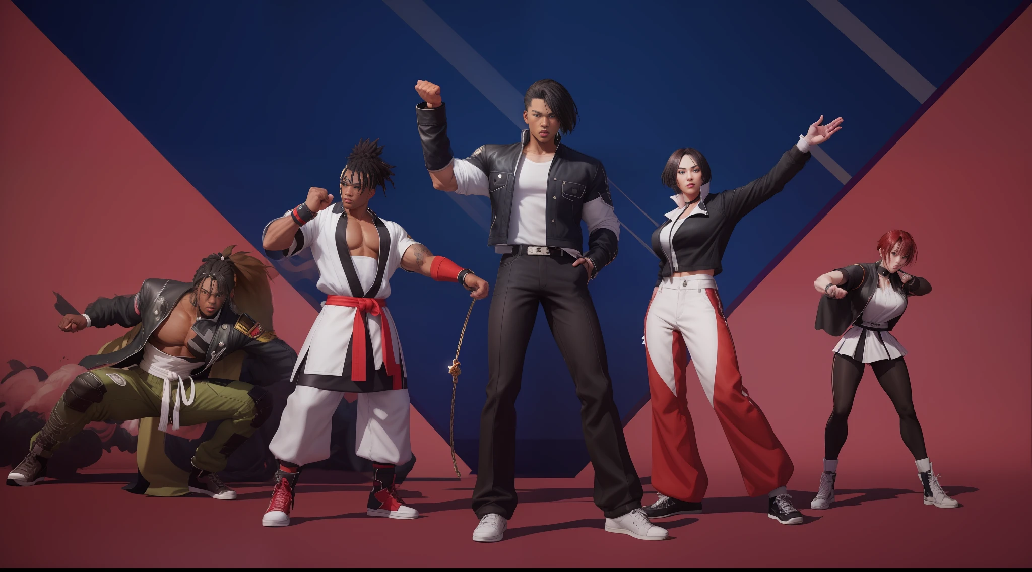 arafed image of a group of people standing next to each other, king of fighters style, 《The King of Fighters》role, posing for a fight intricate, game asset of fighters, As a character in Tekken, fighting game character, in fighter poses, 8 k character details, Diverse outfits, yasuke 5 0 0 px models, Style game square Enix, Fighting stance