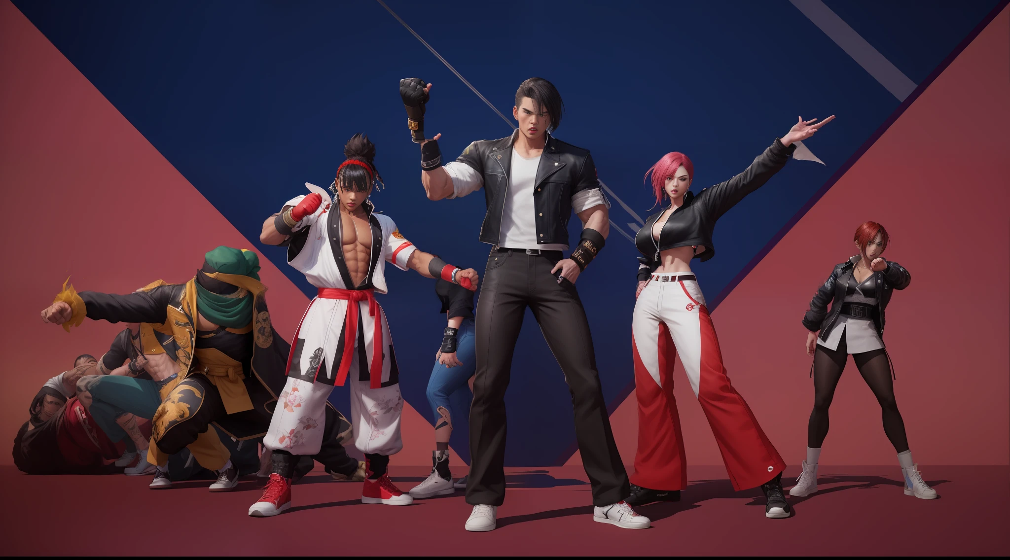 arafed image of a group of people standing next to each other, king of fighters style, 《The King of Fighters》role, posing for a fight intricate, game asset of fighters, As a character in Tekken, fighting game character, in fighter poses, 8 k character details, Diverse outfits, yasuke 5 0 0 px models, Style game square Enix, Fighting stance