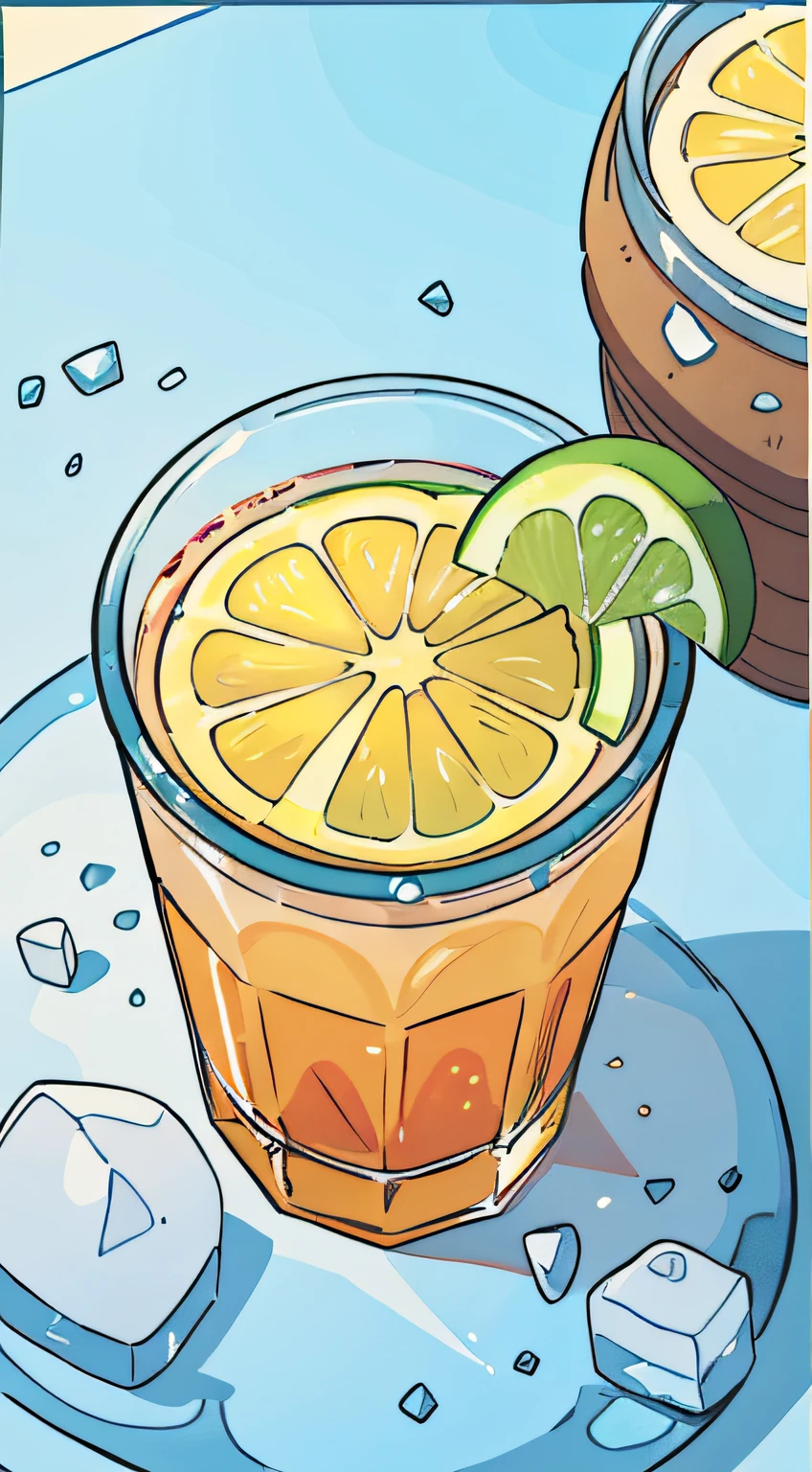 Hand drawn summer cold drink poster,ice cubes,the fruits ,Hand-drawn work ,2D,topview,Commercial hand-drawn illustration,Rich in tension