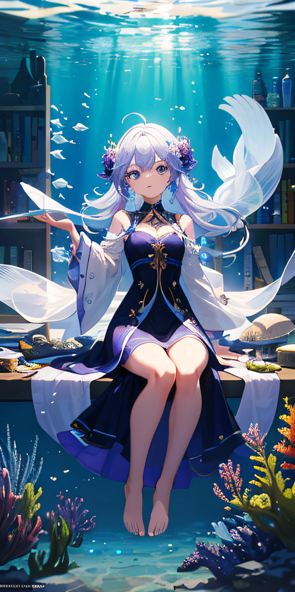 [(transparent background:1.5)::5],(((masterpiece))),(((best quality))),(((extremely detailed))),illustration,1girl,solo,mysterious,vivid color,shiny ,Underwater transparent sealed hemispherical glass dome,(iwhite colored hair),(Purple eye),Whole human body,A barefoot,length hair,Peaceful nature,Koi,under the water,Dome,Close up of,Dynamic action,Lens perspective,(((Box composition)) ), Leaning on the bookshelf cross-legged, volumettic light, multi-color eyes, Detailed eyes, Ultra-detailded, Light smile, highly - detailed, beatifull, smalldetailed, Ultra-detailded, the best quality, Complex, 4k, 8k, The trend is on ArtStation，Good anatomy，belas luzes，award-wining，