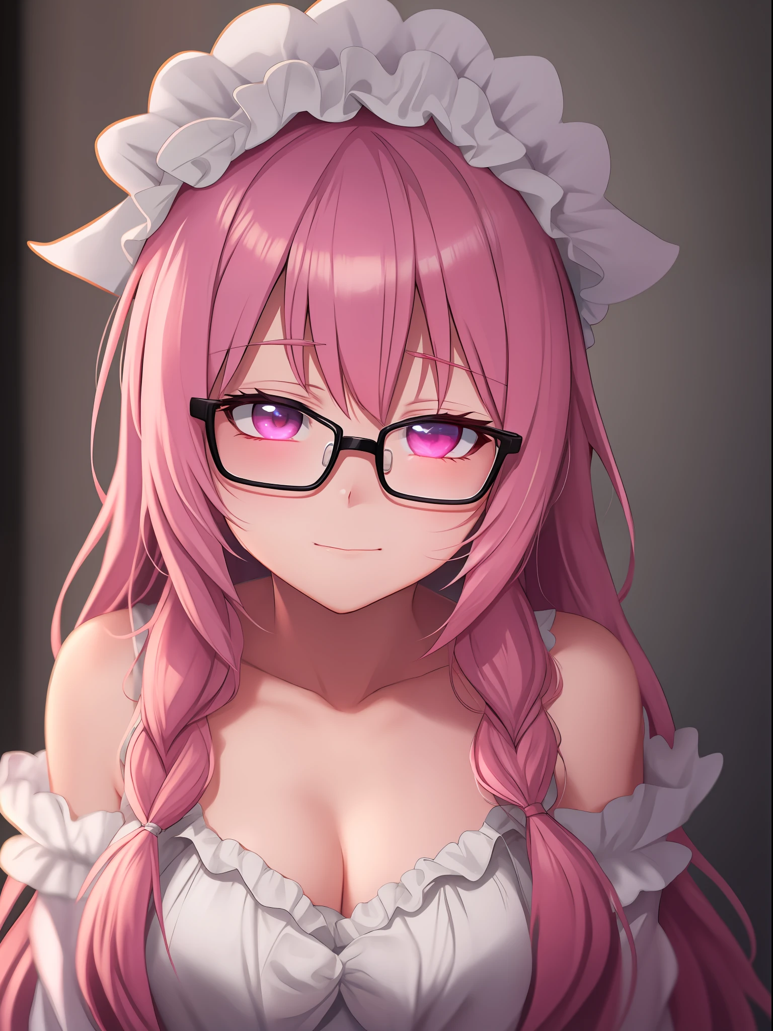 pink hair, heart ahoge, maid headdress, bespectacled, half-closed eyes, shy, blush, ear blush, full blush, tachi-e, pov, lens flare, Eye-Level Shot, Sony FE GM, chiaroscuro, cinematic lighting, drop shadow, stereogram, anime style, UHD, masterpiece, textured skin, anatomically correct, high quality, high details, highres, 16k，An anime girl，Very shyly covered her cheeks