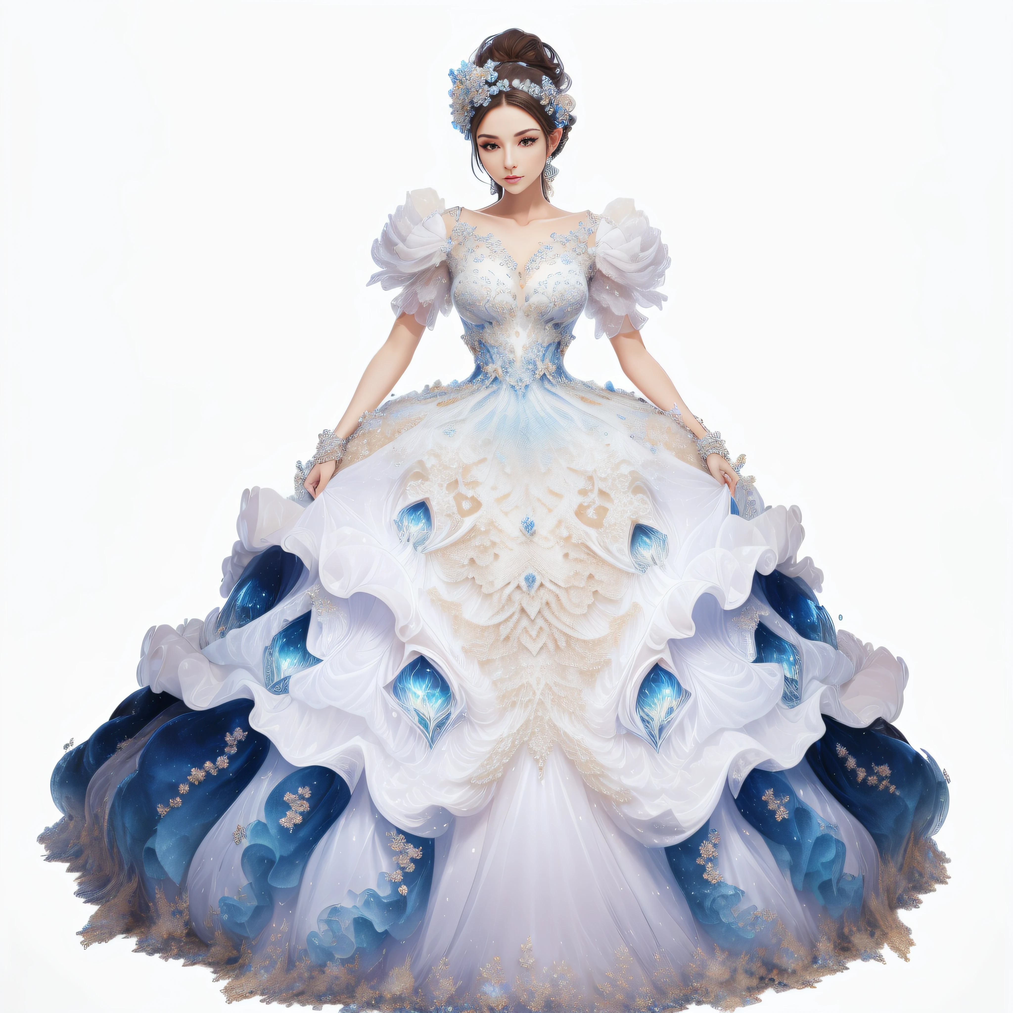 a goddess wearing a majestic white and blue ball gown dress, big beautiful dress, intricate puffy ball gown with lots of ruffles and rhinestones (Masterpiece, Top Quality, Best Quality, Official Art, Beautiful and Aesthetic: 1.2), (1 Flower), Full Body, Extremely Detailed, (Fractal Art: 1.3), Colorful, Most Detailed