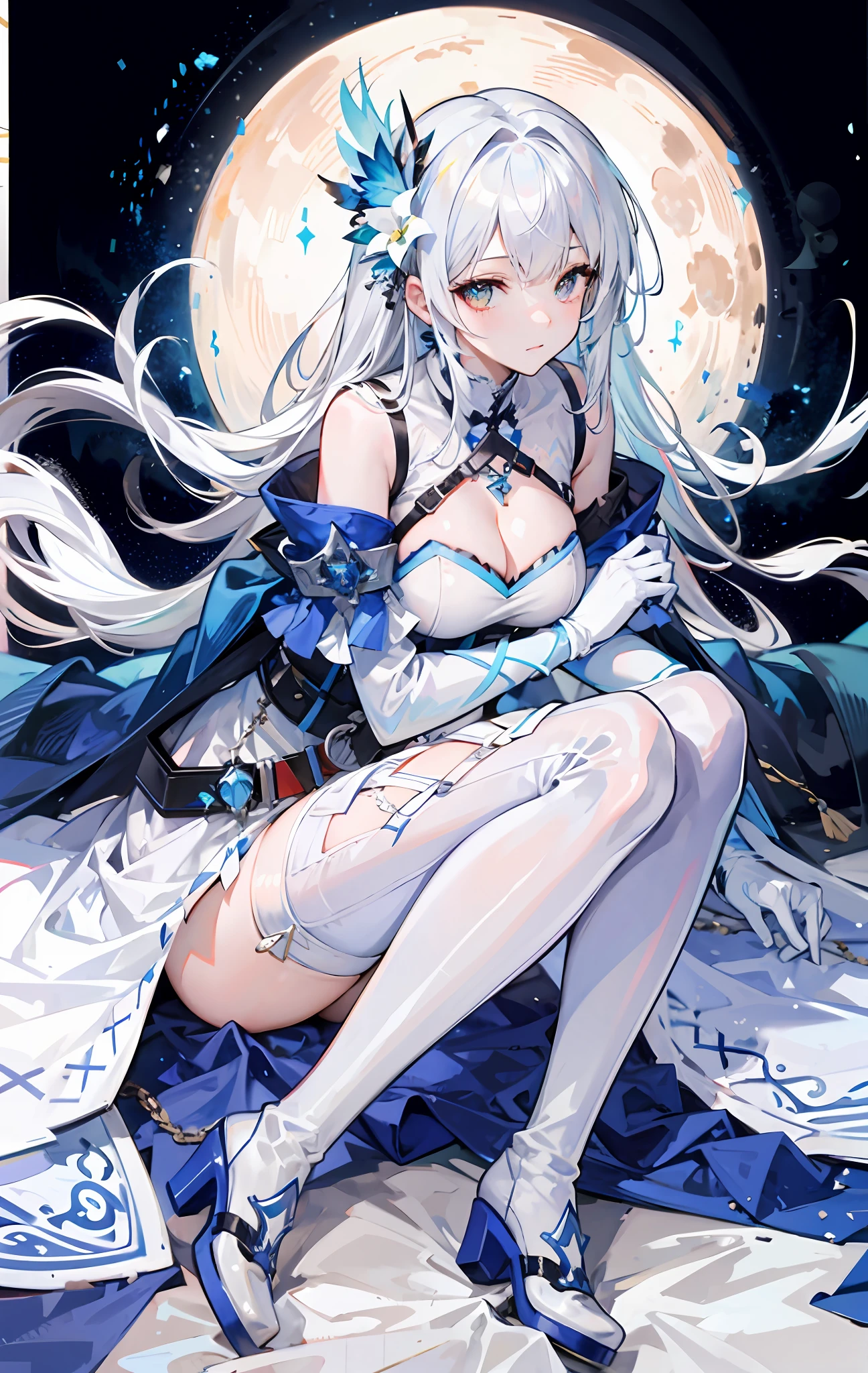 White long hair,Red pupils,White suspender thigh boots,white long gloves,White elbow long gloves,White high-heeled thigh boots,White thigh boots,White belt,White leg rings,white dresses,Blue sole,sit on a bed,White corset,your legs,Blue belt,ornate clothes,Anime girl sitting on bed,The background is the full moon。, from arknights, white haired god, anime goddess, Highest rated on Pisif, trending on artstation pixiv, Pisif, Best anime 4k konachan wallpaper, detailed key anime art, Digital art on Pisif , come from《azur lane》videogame, at pixiv